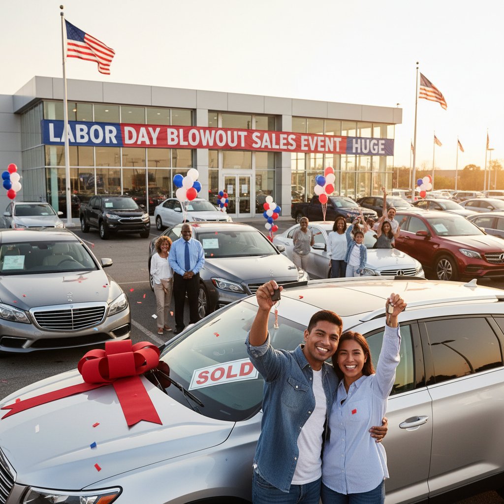 Real buyers finalizing Labor Day auto sales, diverse group, dealership office, paperwork, celebratory handshake