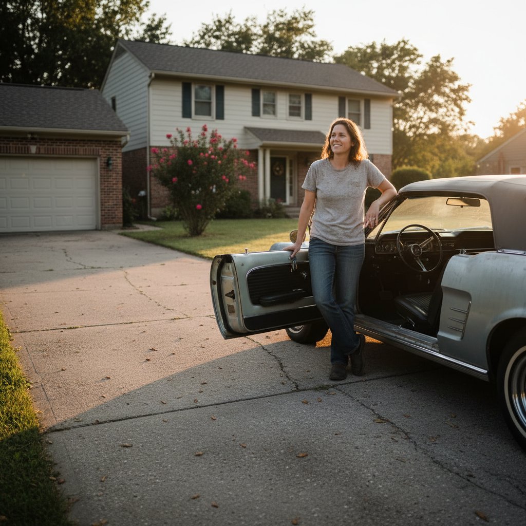 Real owner and their car in driveway, candid shot