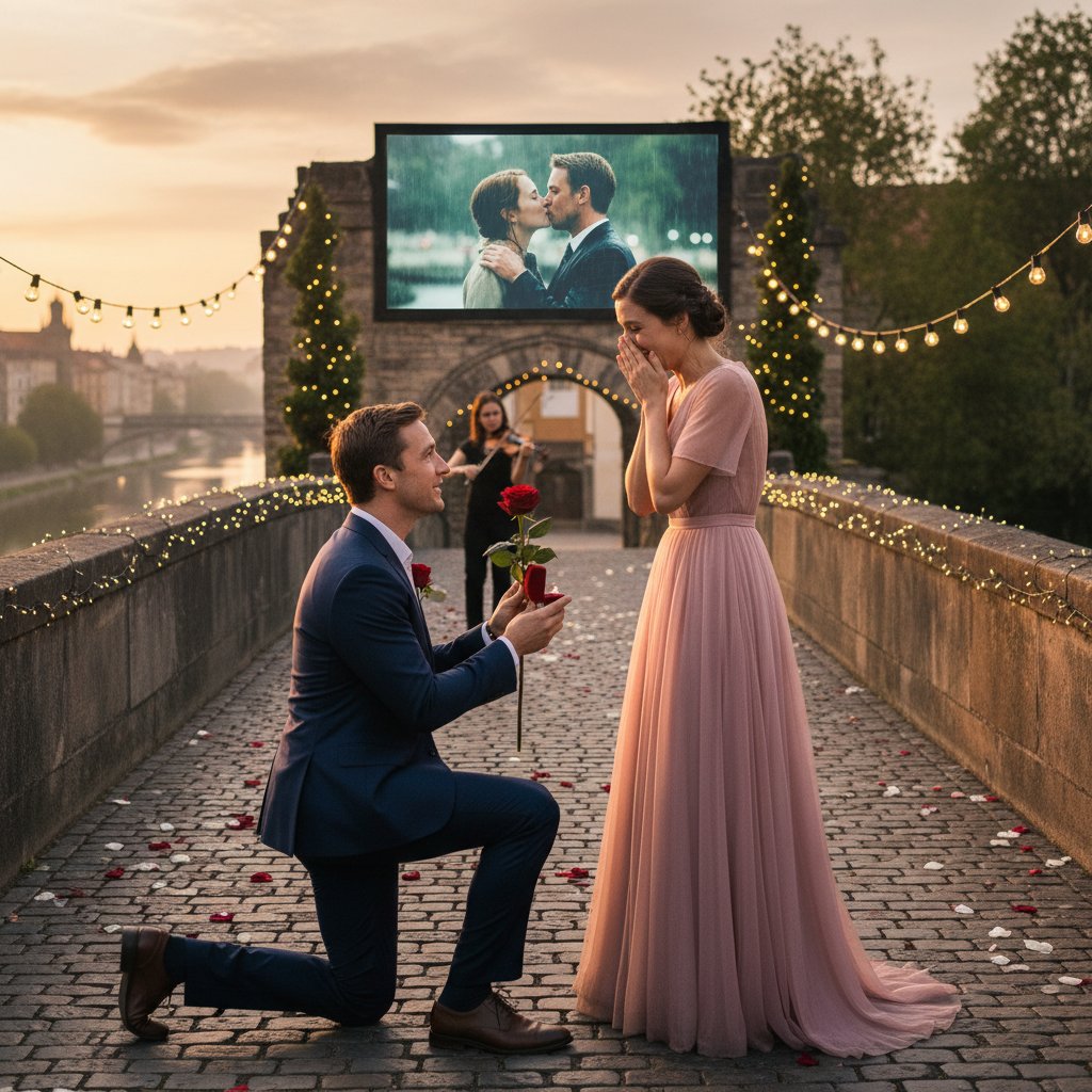 Artistic photo of a real couple recreating an iconic movie proposal in a romantic setting