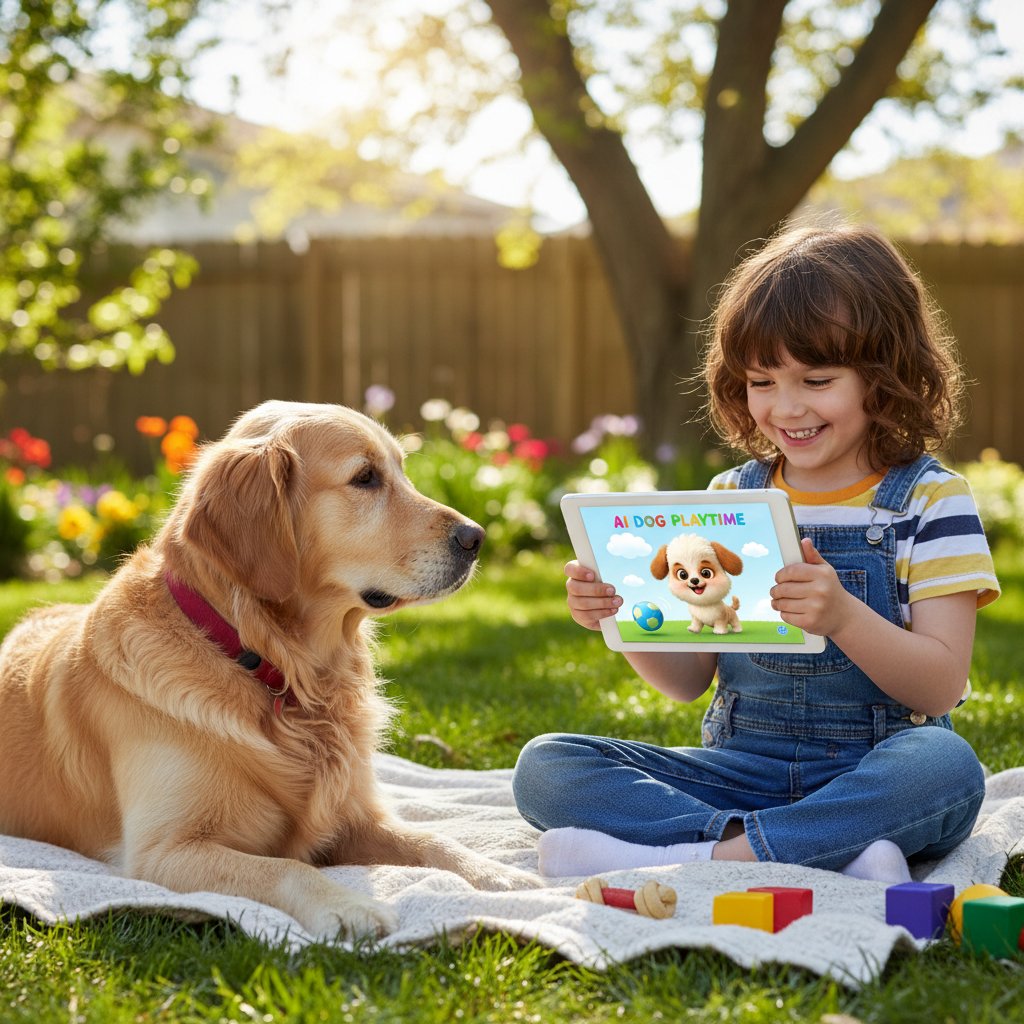 Prawdziwy pies i dziecko bawiące się razem na podwórku, w tle tablet z aplikacją piesek AI