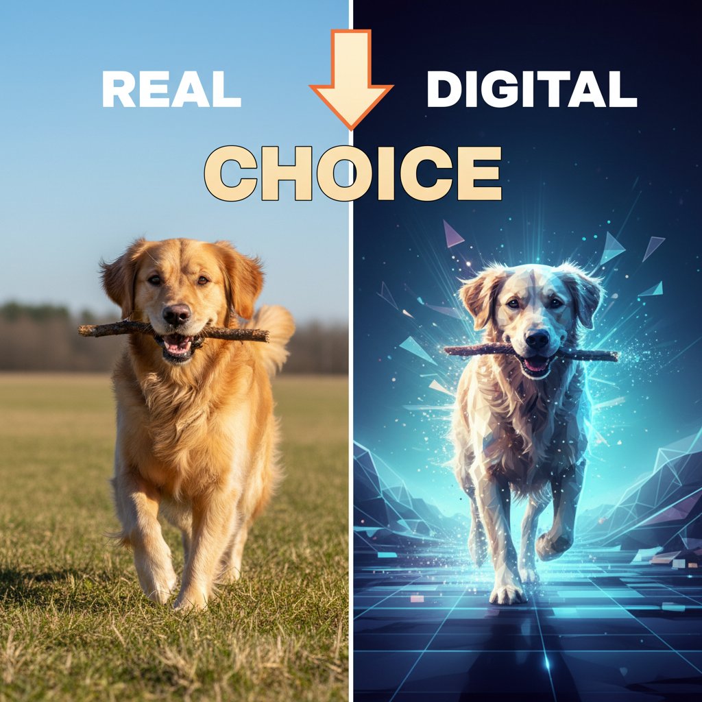 Porównanie realnego psa i cyfrowego na ekranie – symbol wyboru epoki