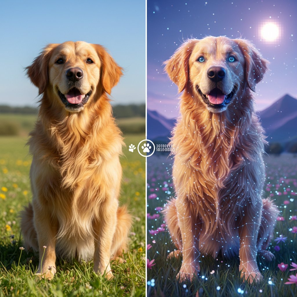 Realistyczny pies i cyfrowy pies na jednym kadrze, symboliczne porównanie światów