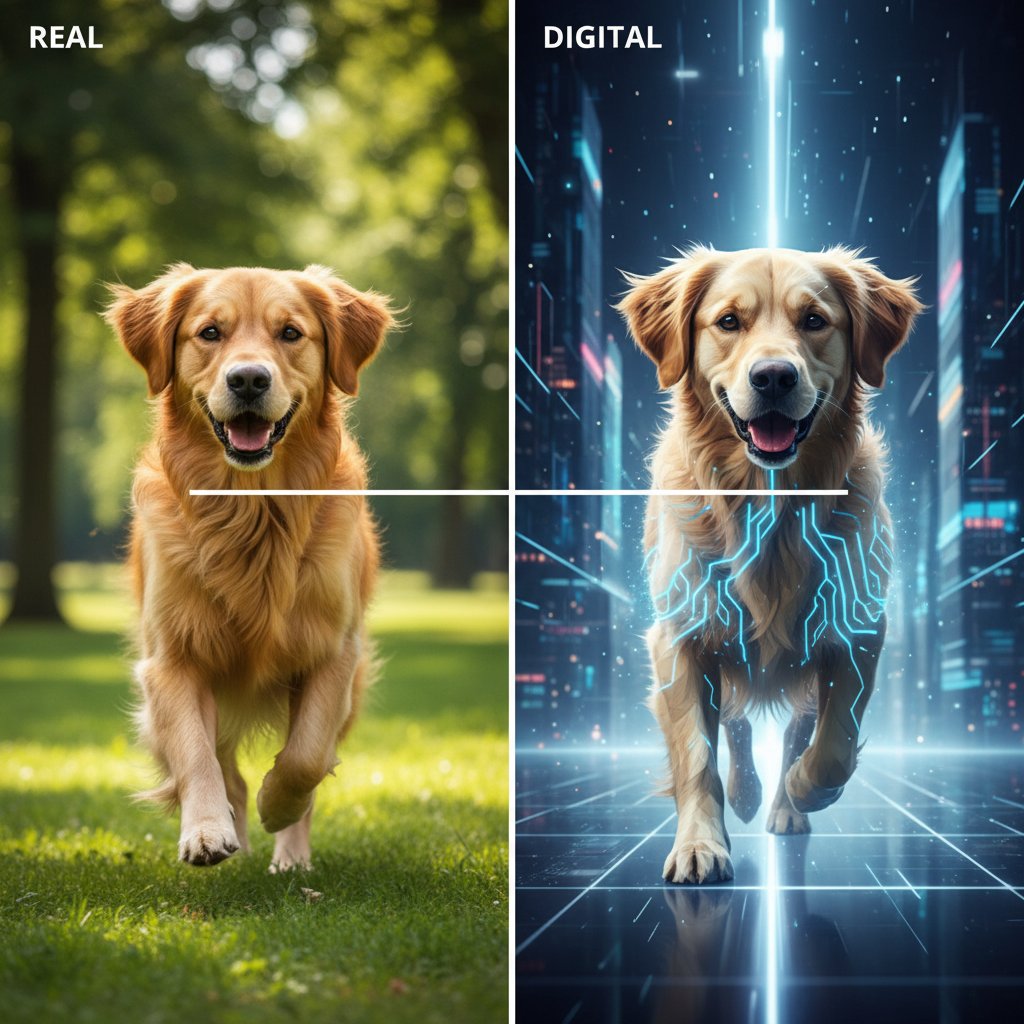 Echter Hund und digitaler Hund als Gegenüberstellung, kritisches, symbolisches Foto – digitale Haustiere vs. echte Tiere