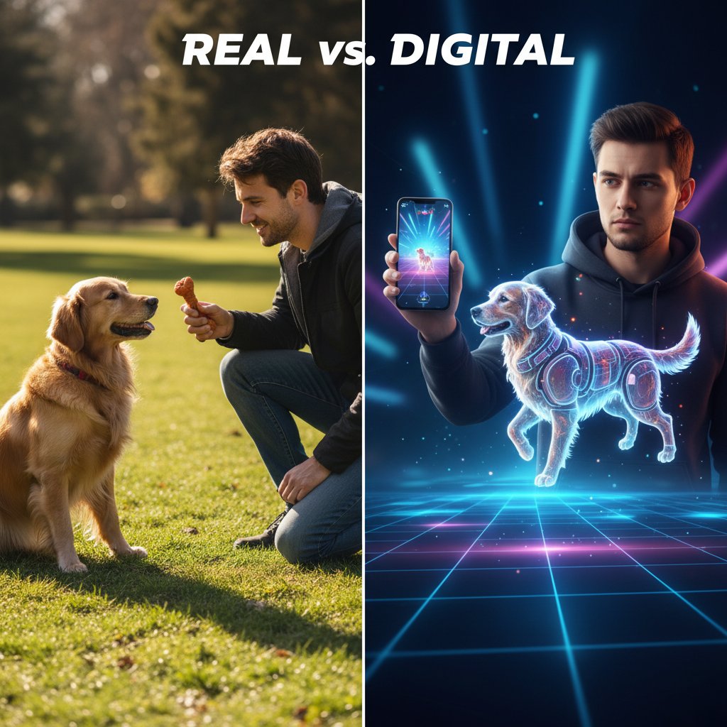Prawdziwy pies i osoba z wirtualnym psem na smartfonie – kontrast między światem realnym a cyfrowym