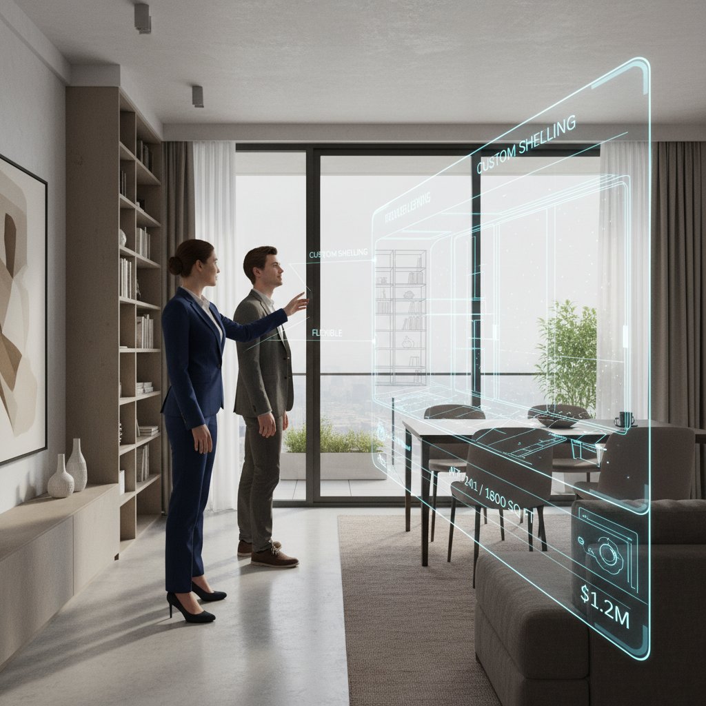 Agent nieruchomości rozmawiający z klientem przy nowoczesnym apartamencie, z cyfrową nakładką AI