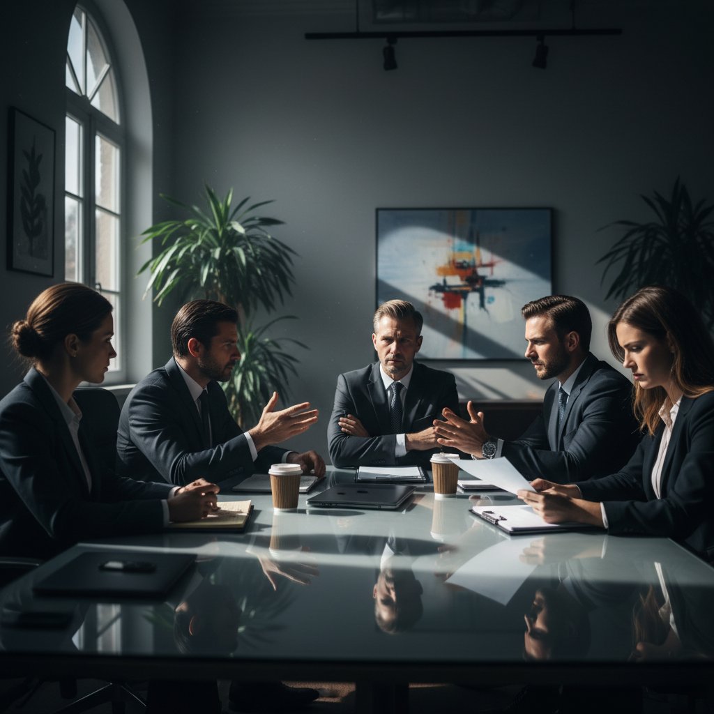 Real estate professionals negotiating a high-stakes deal at a conference table, symbolizing the tension and skill required