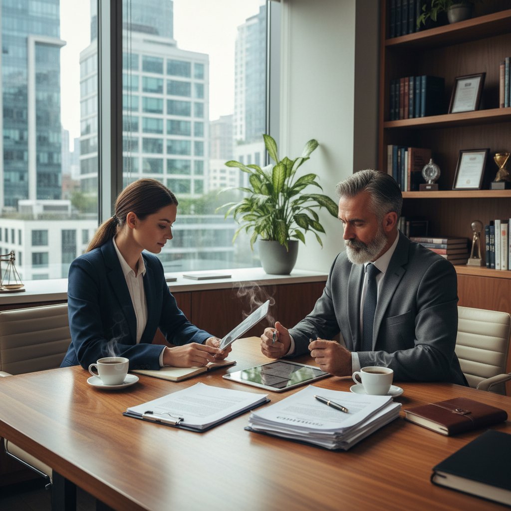 Przedstawiciel branży nieruchomości konsultujący zmiany prawne z urzędnikiem w biurze