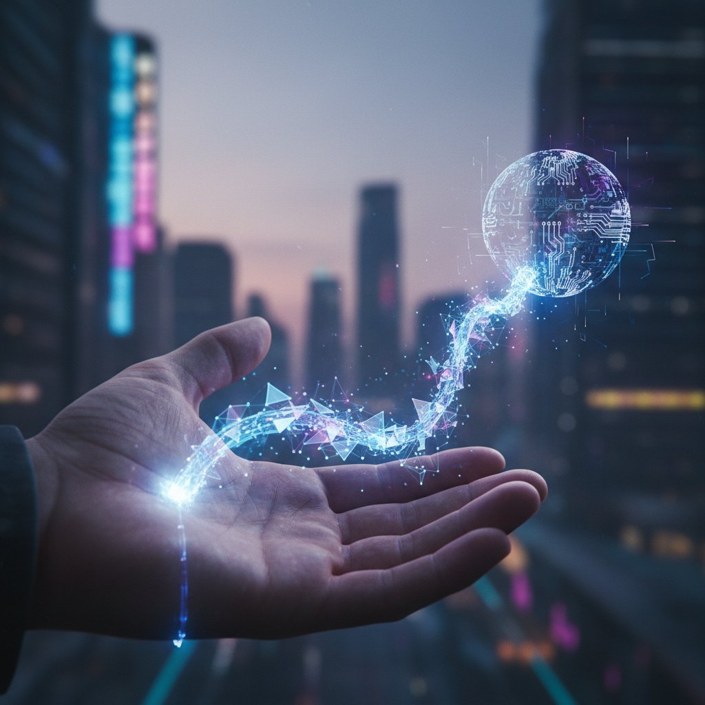 Symboliczne połączenie dłoni z cyfrową smyczą, granica realności i wirtualności