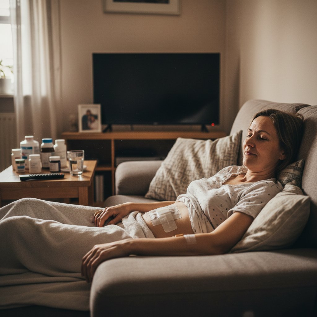 Pacjentka po operacji zatok podczas rekonwalescencji w domu