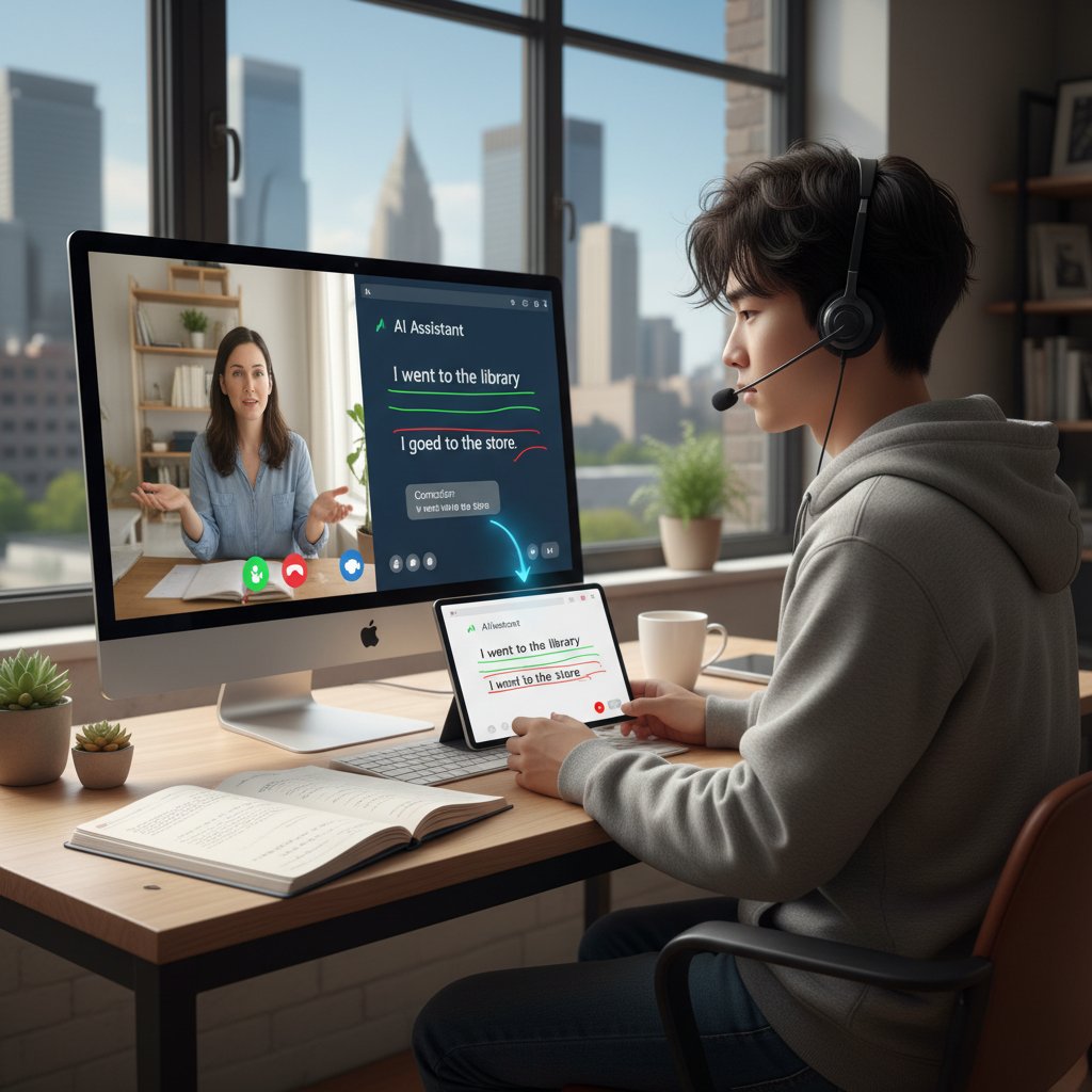 Prawdziwa scena lekcji online – uczeń wykonuje ćwiczenie, korektor AI analizuje odpowiedź – rzeczywistość nauki angielskiego online