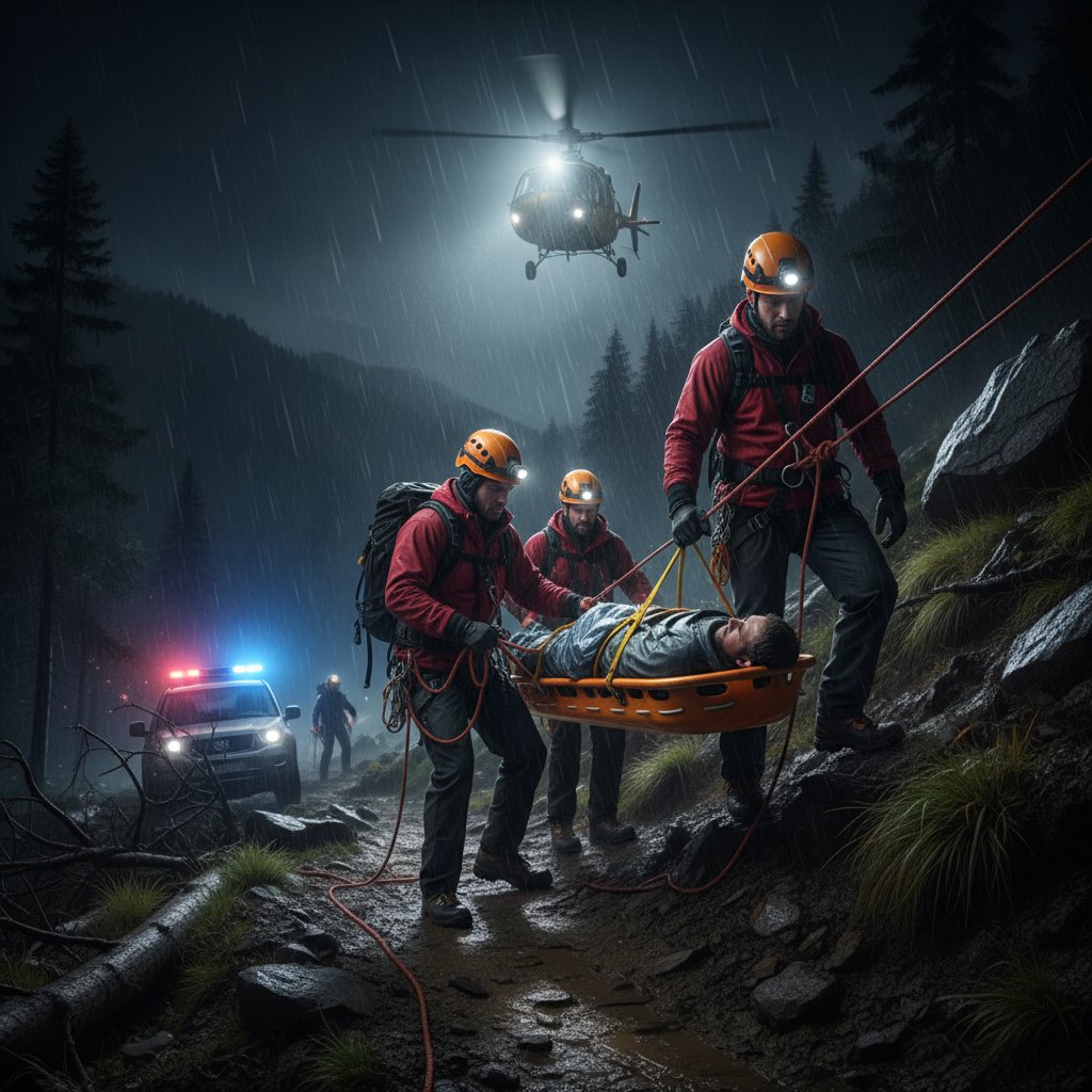 Real-life rescue operation at night, emergency responders, dramatic, fire and flood backdrop, movie rescue movie realism