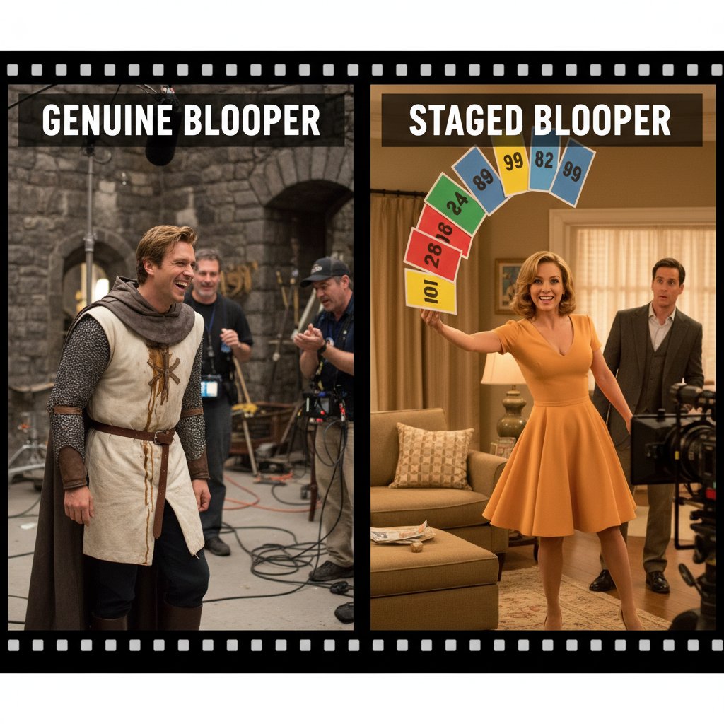Real vs. staged movie bloopers compared, split-screen of genuine and staged blooper moments