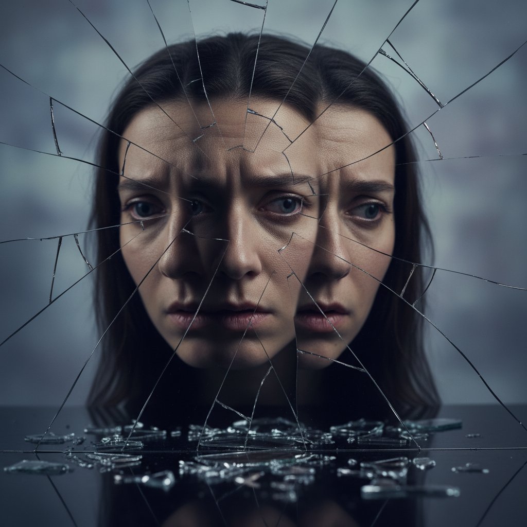 Osoba z psychozą patrząca w pęknięte lustro – metafora rozszczepienia percepcji