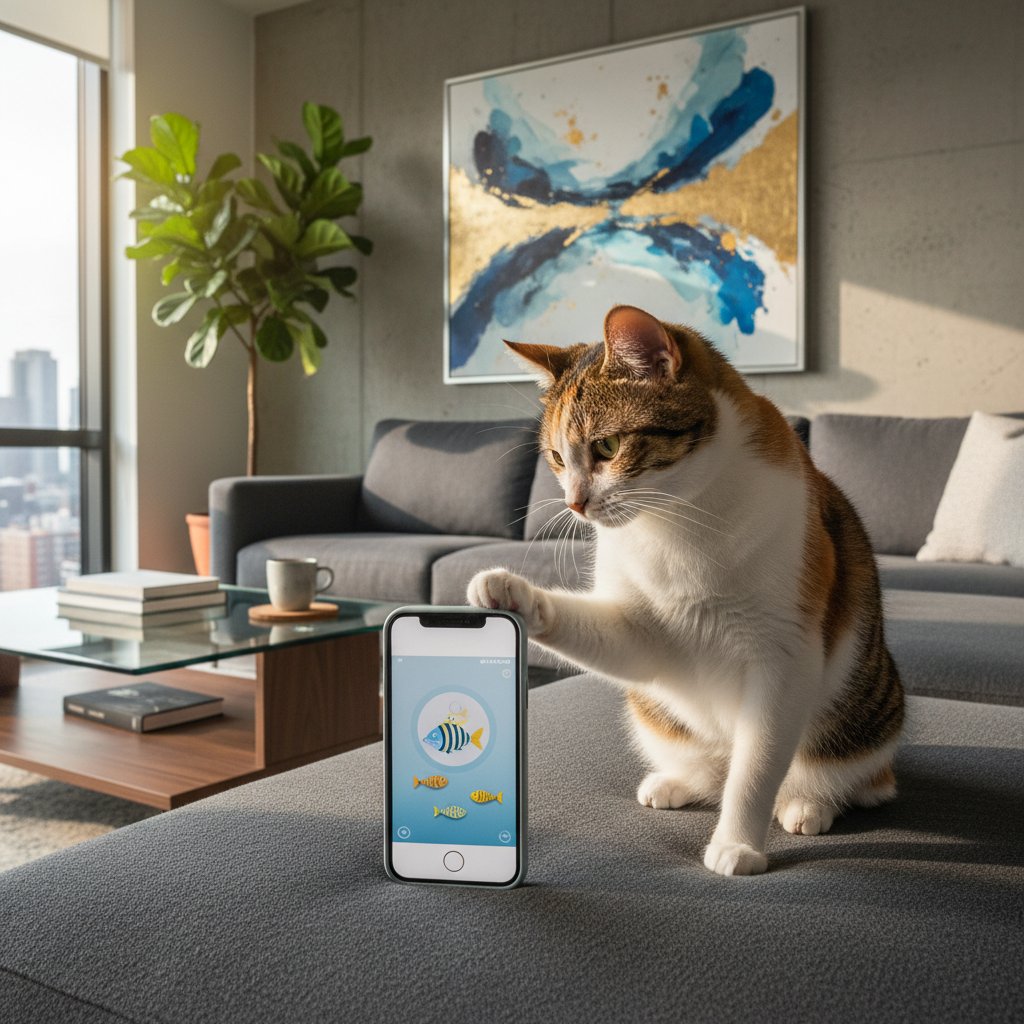 Realistyczny kot na ekranie smartfona, użytkownik głaszcze kota palcem, w tle nowoczesny salon