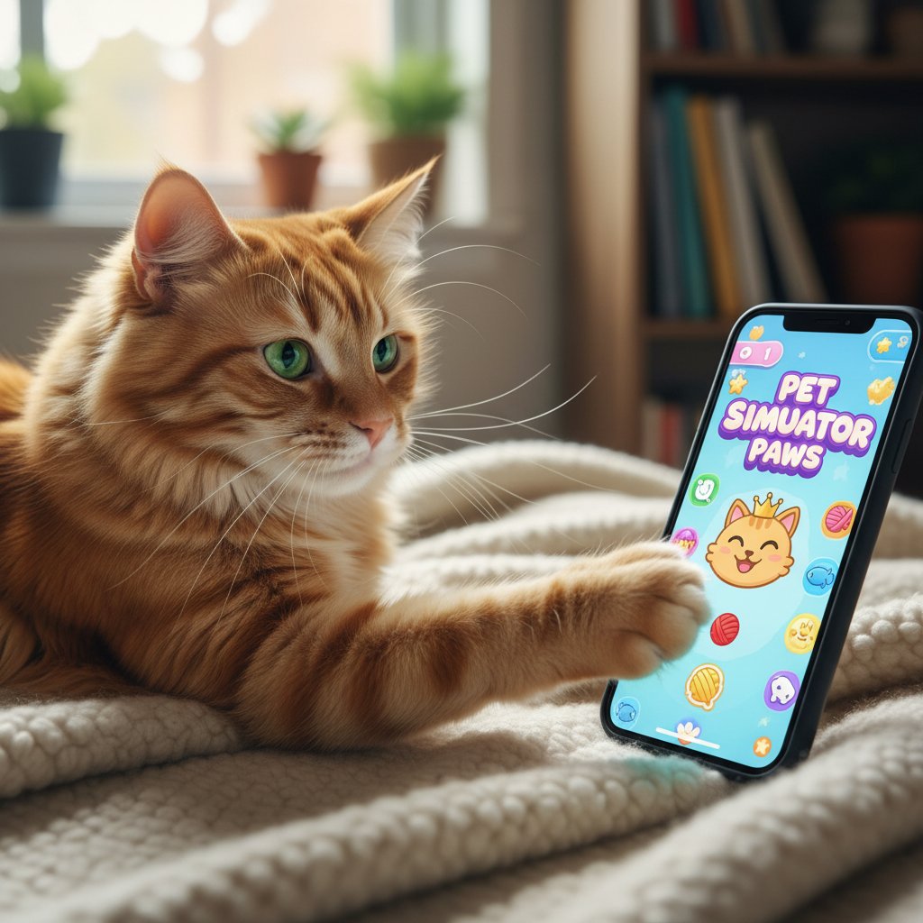 Realistyczny kotek obok smartfona, na którym widoczny jest symulator opieki nad zwierzętami domowymi