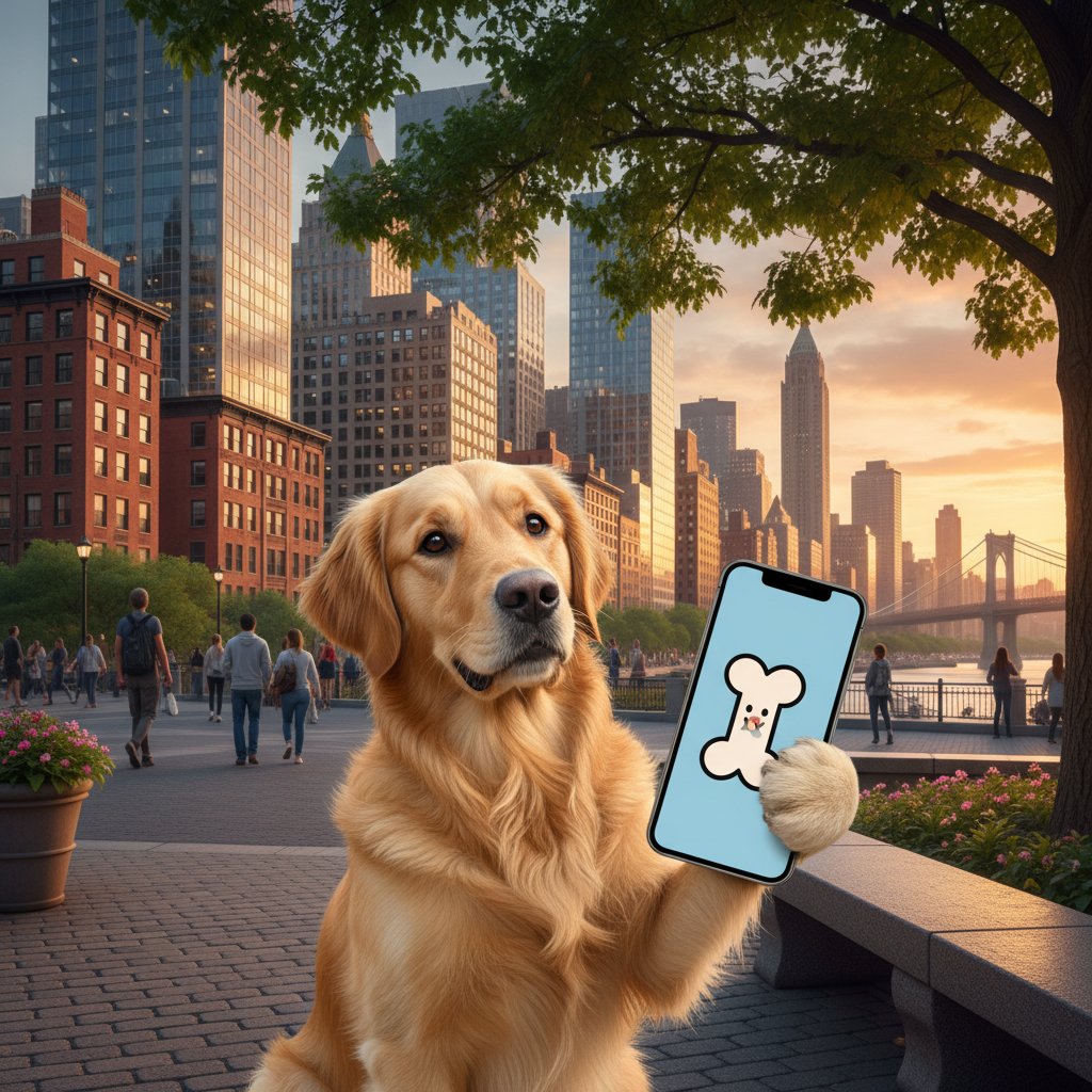 Bliskie ujęcie ekranu smartfona z realistycznym psem rasowym w grze online, miasto w tle