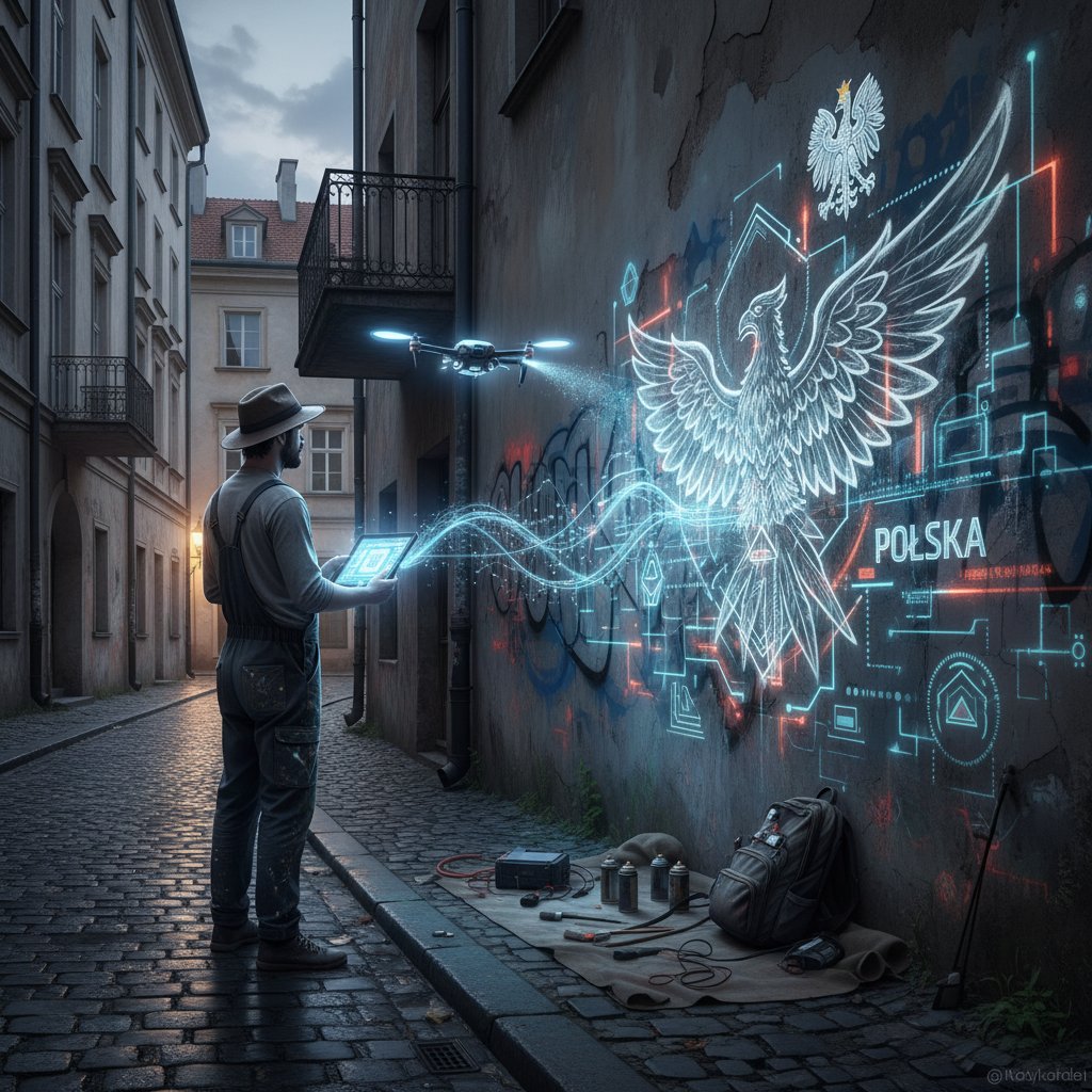 Fotorealistyczne graffiti na polskim murze, artysta z tabletem generującym grafiki AI