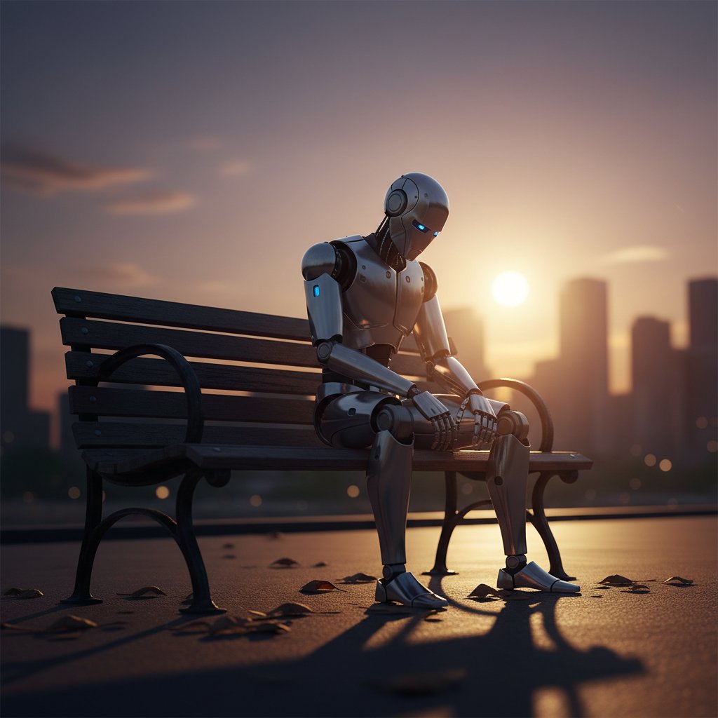 Robot o ludzkiej twarzy siedzący samotnie na ławce, kontrast światła i cienia