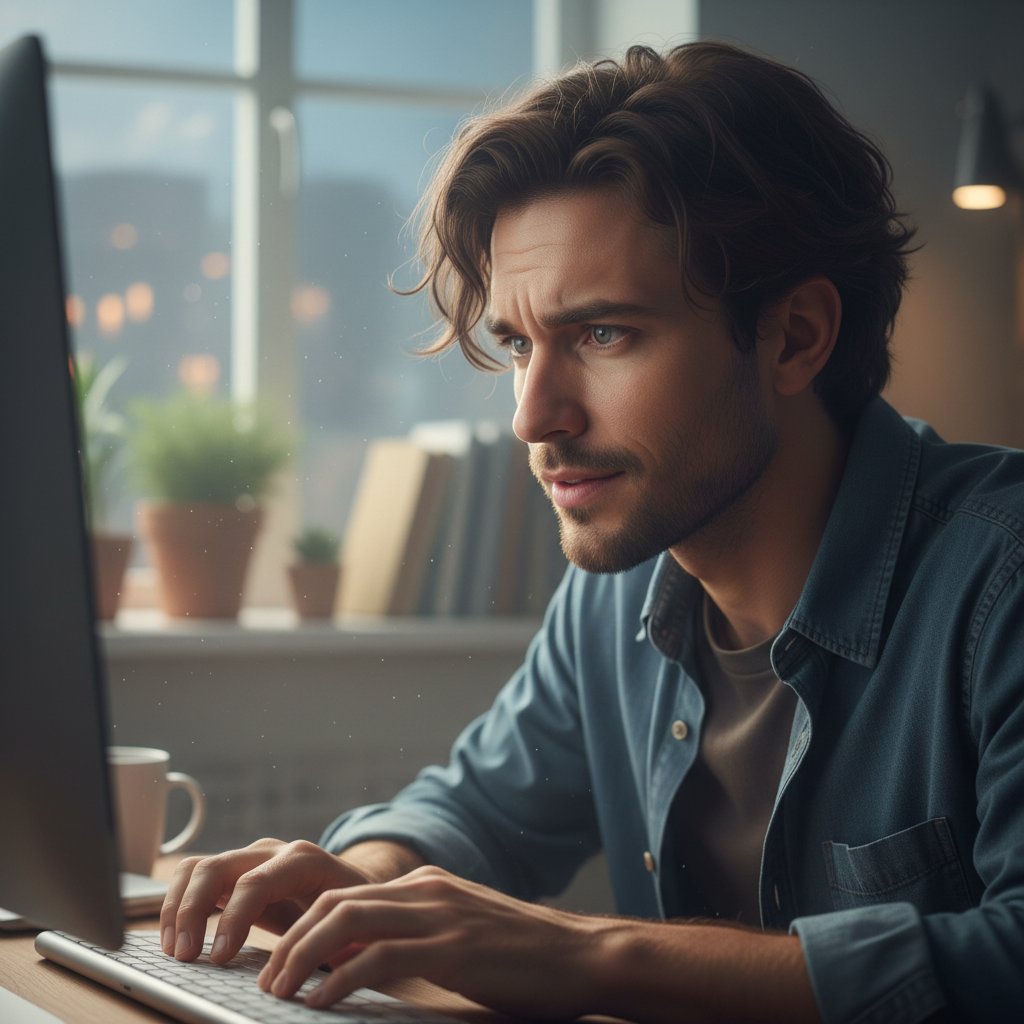 Osoba ćwicząca rozmowę na symulatorze, skupiona i pełna emocji