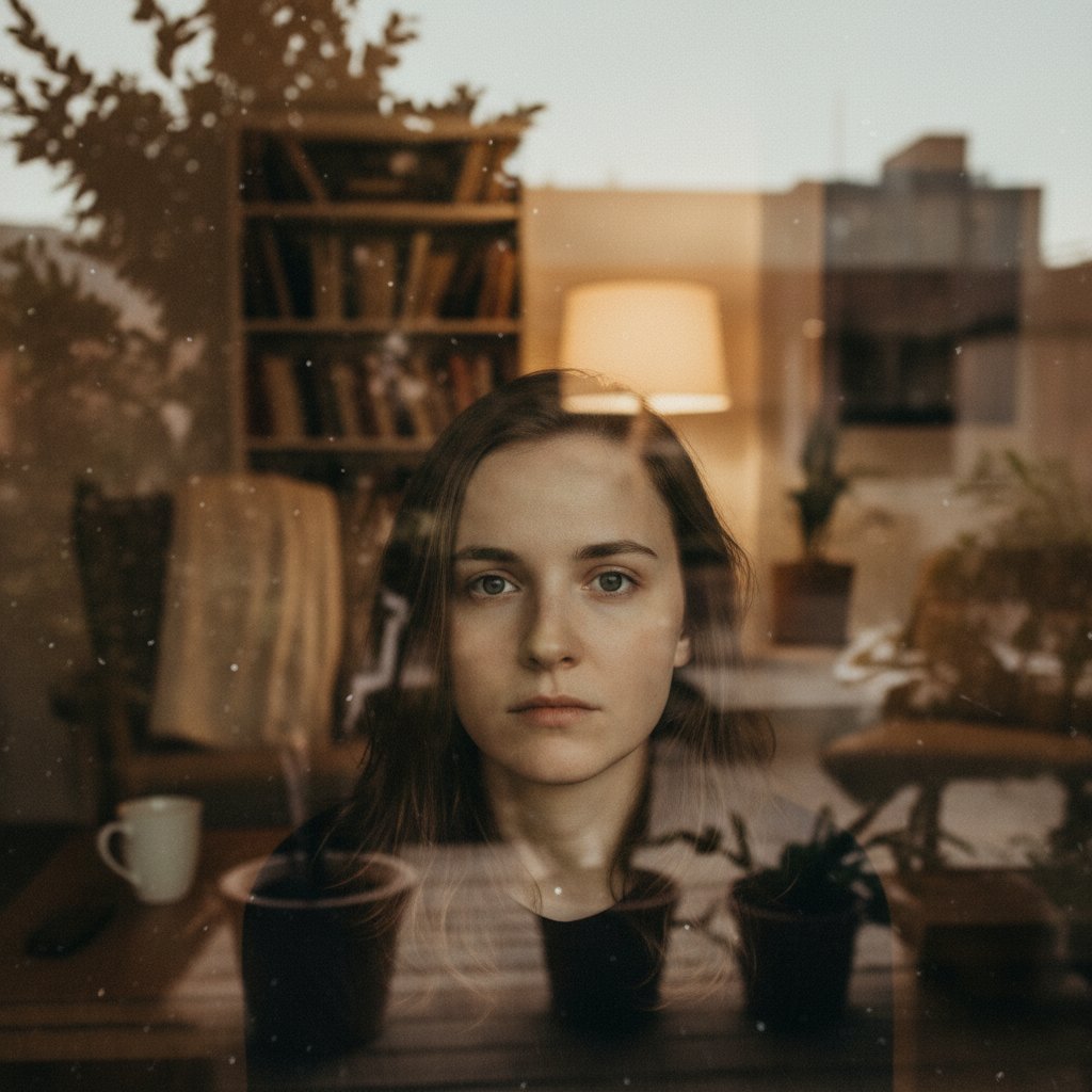 Osoba patrząca bez wyrazu na własne odbicie w lustrze – symbol zagubienia tożsamości.