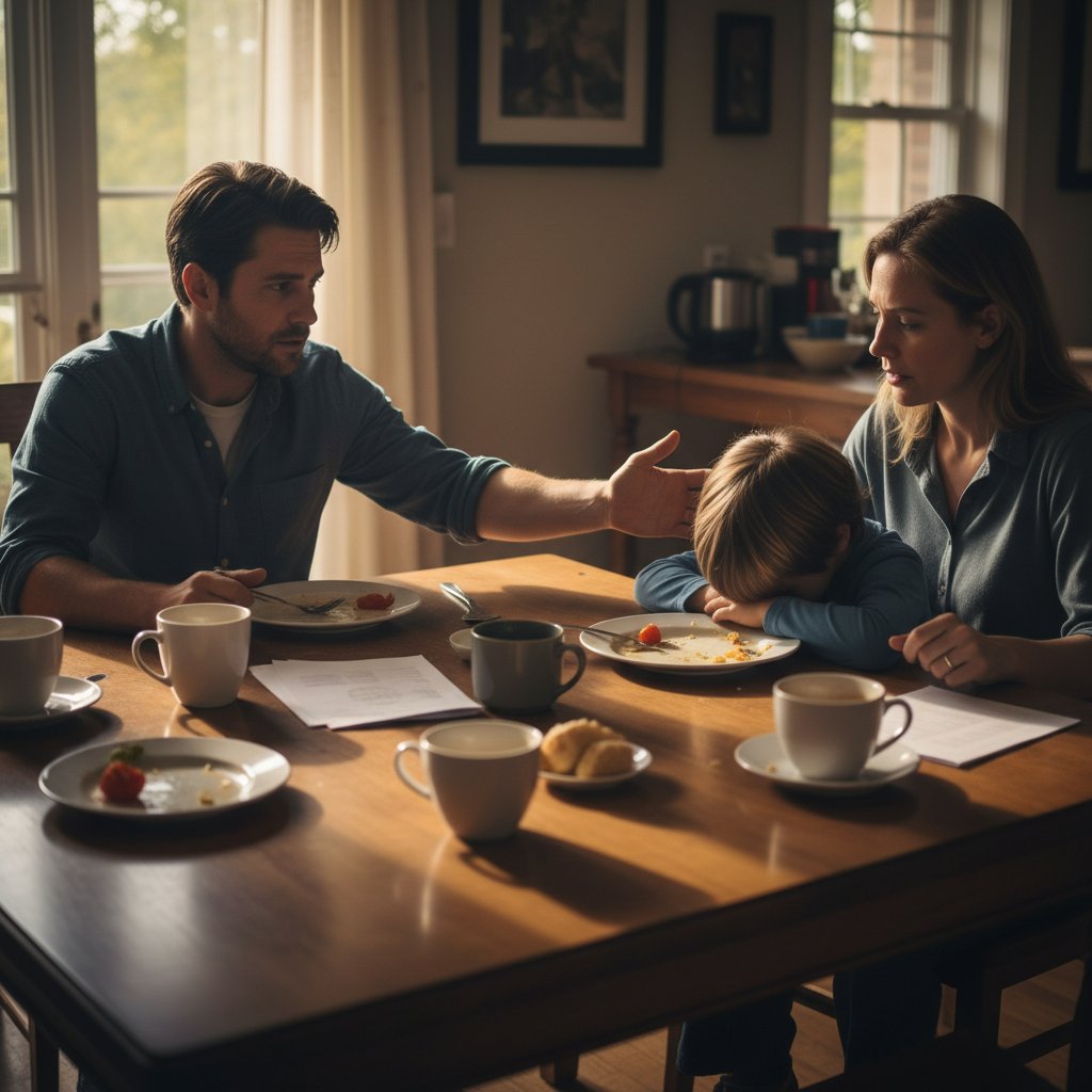 Rodzina przy stole, napięcie emocjonalne i spokojny gest rodzica wobec dziecka – koregulacja w praktyce domowej