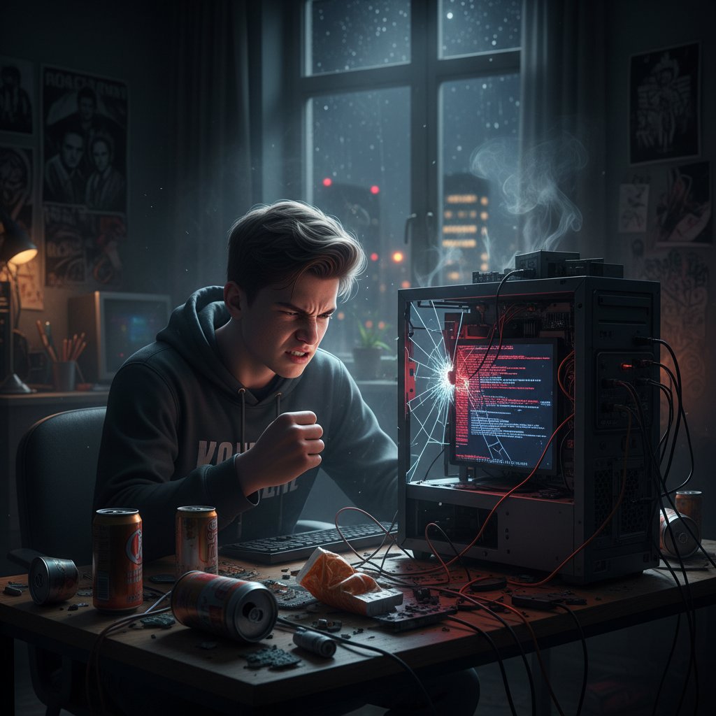 Polski nastolatek sfrustrowany nauką online przy komputerze w mieszkaniu