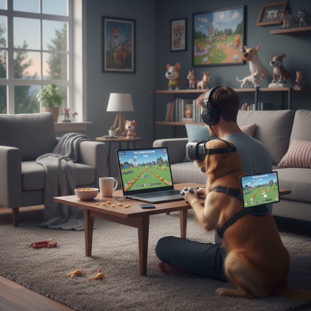 Realistyczny pokój z laptopem, na ekranie pies rasowy w symulatorze, osoba w słuchawkach rozmawia z AI