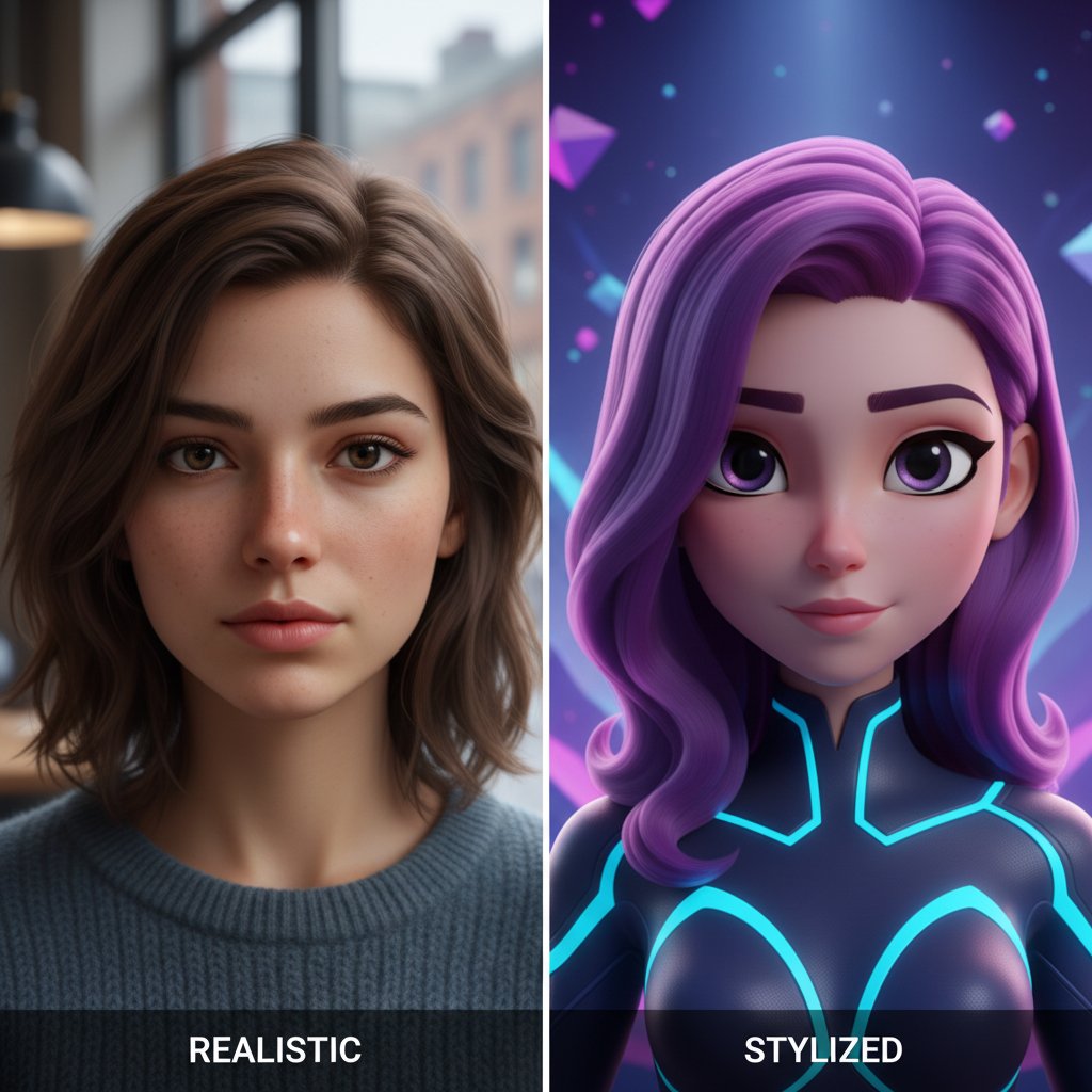 Porównanie realistycznego i stylizowanego avatara na podzielonym ekranie