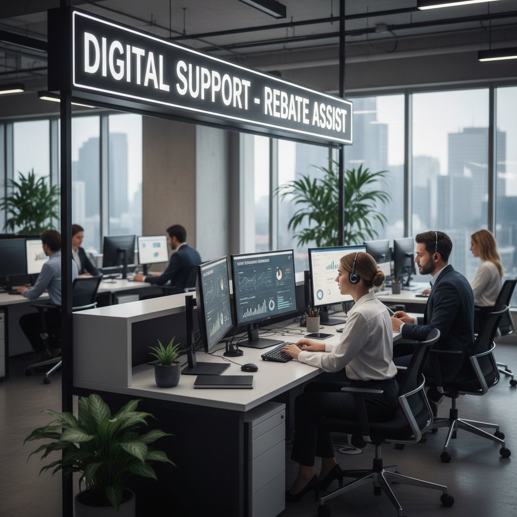 A modern help desk scene symbolizing support for rebate tracking issues, professional staff and digital screens
