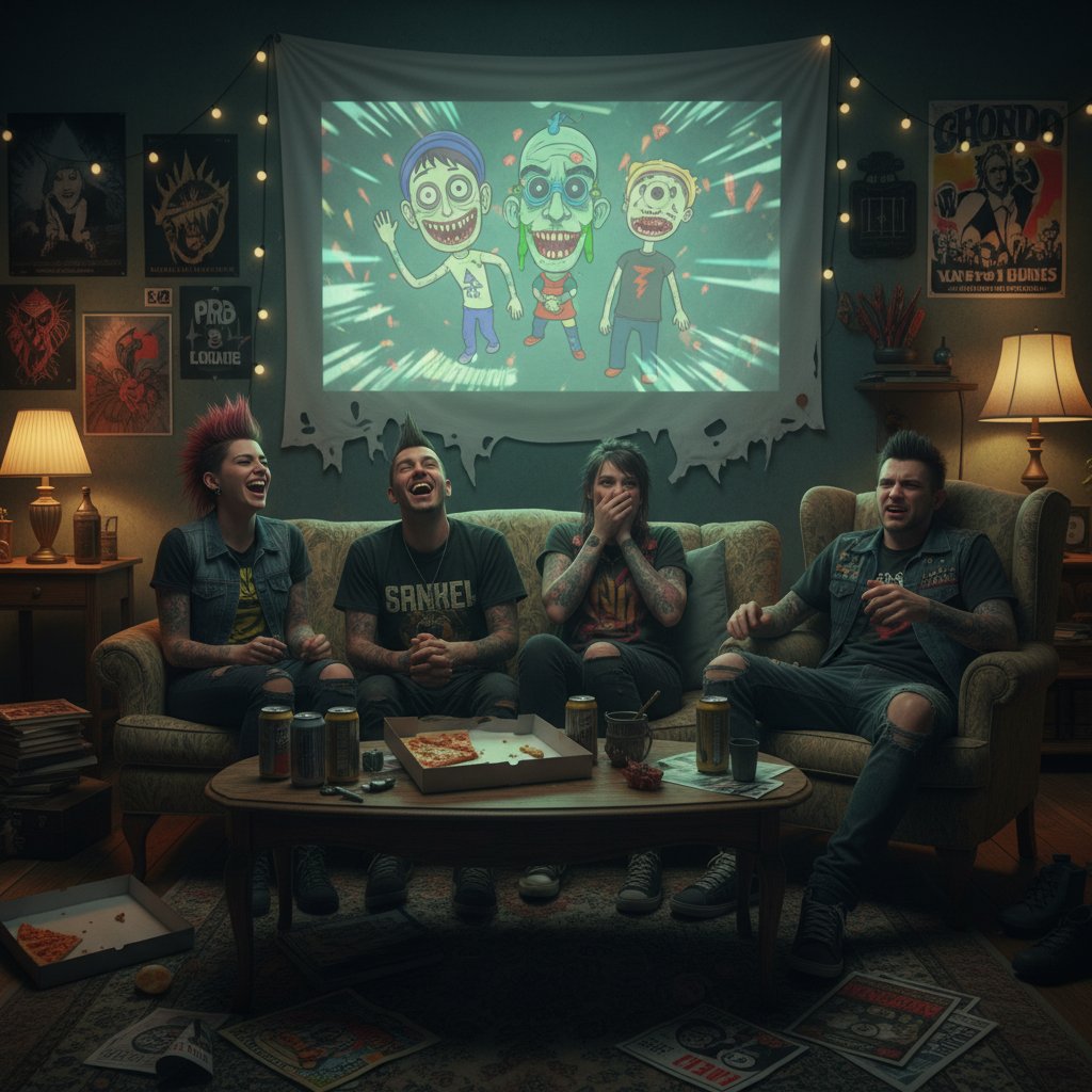 A rebellious group of friends watching a weird comedy in a living room, laughing at the discomfort