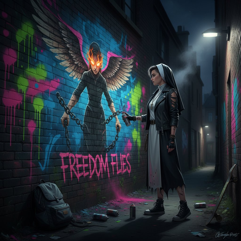 Artistic, rebellious nun challenging norms with street art, nun in habit spray-painting a mural at night