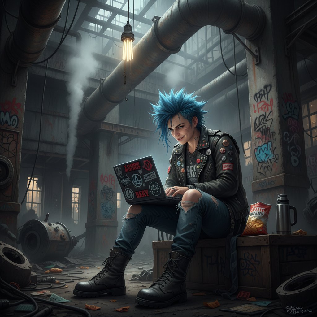 Buntujący się młody człowiek z laptopem w industrialnym otoczeniu – filozofia i technologia