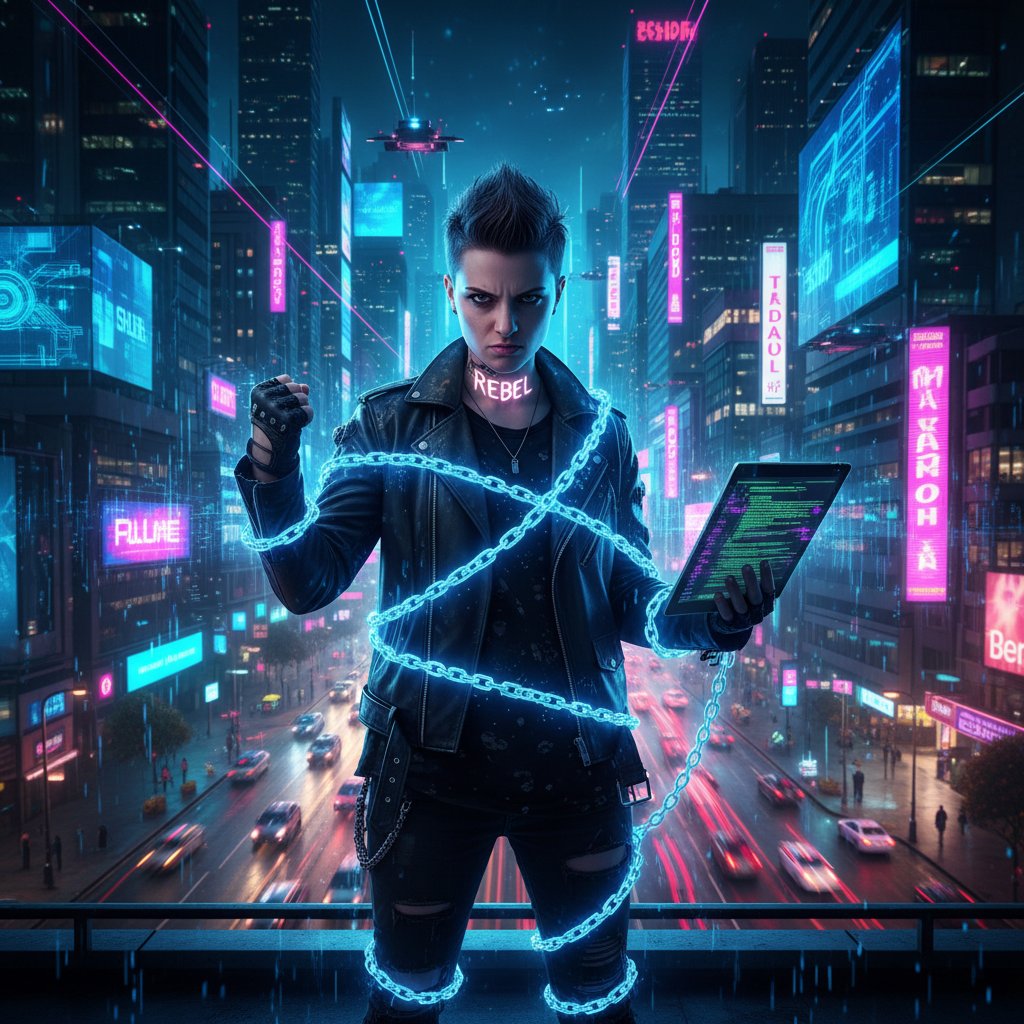 Młoda osoba korzystająca z czatgpt bez limitu nocą, neonowe światła i poczucie wolności