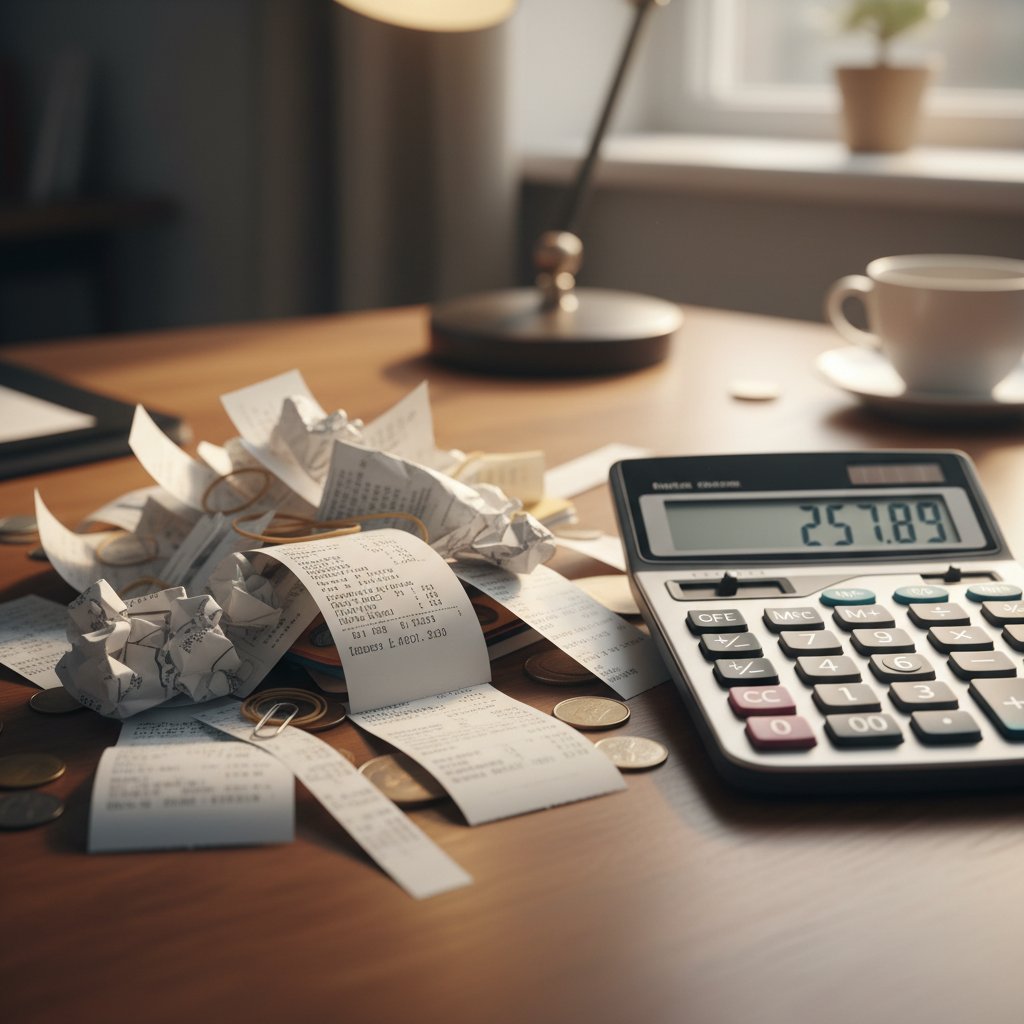 Stos rachunków i kalkulator symbolizujący ukryte koszty zatrudnienia