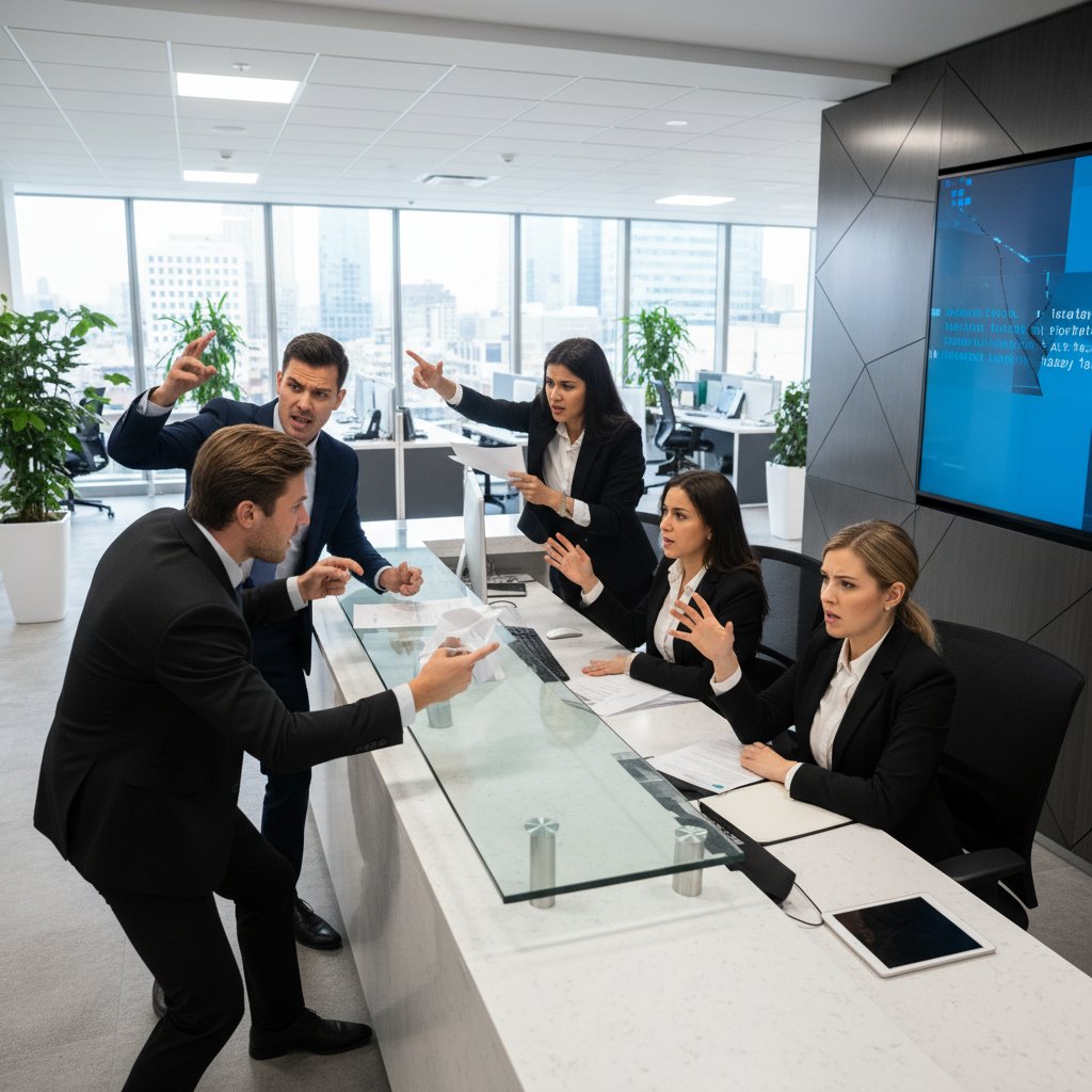 Recepcja z niecierpliwie oczekującymi klientami i zdezorientowanym personelem