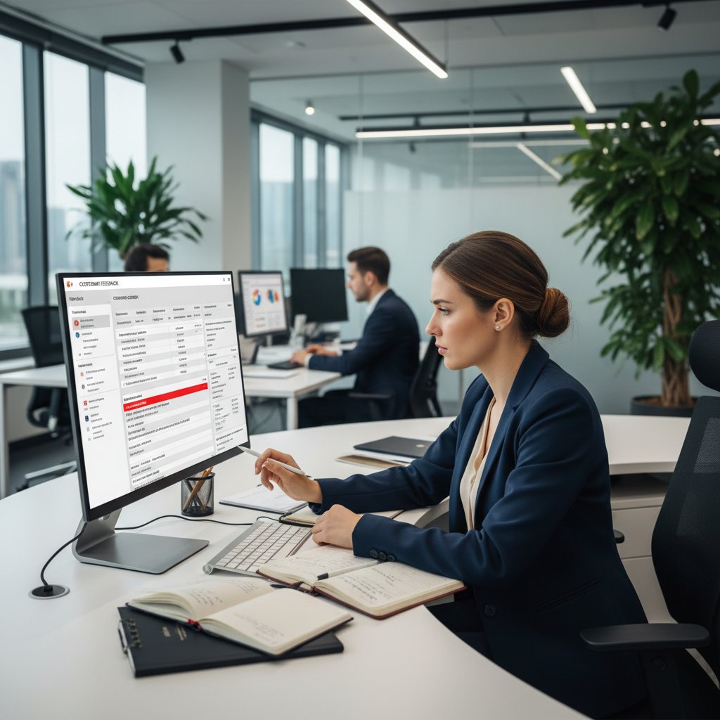 Recepcjonistka analizująca zgłoszenia reklamacyjne przy komputerze