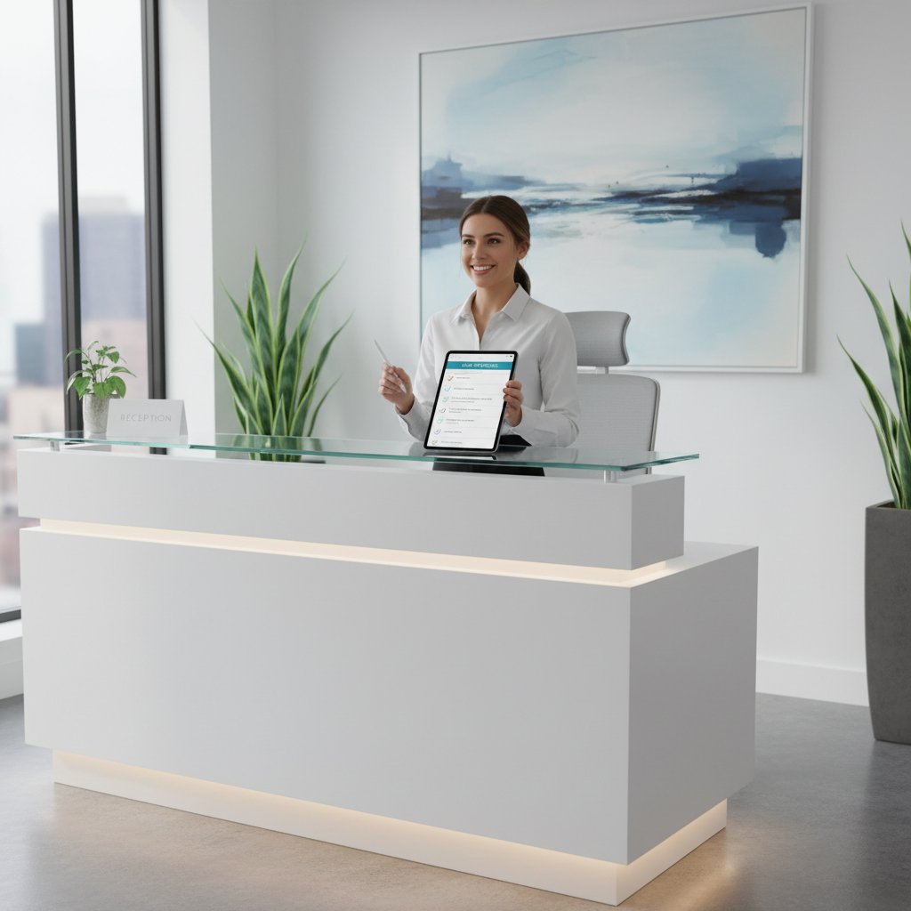 Recepcjonistka odhaczająca checklistę na tablecie przy recepcji