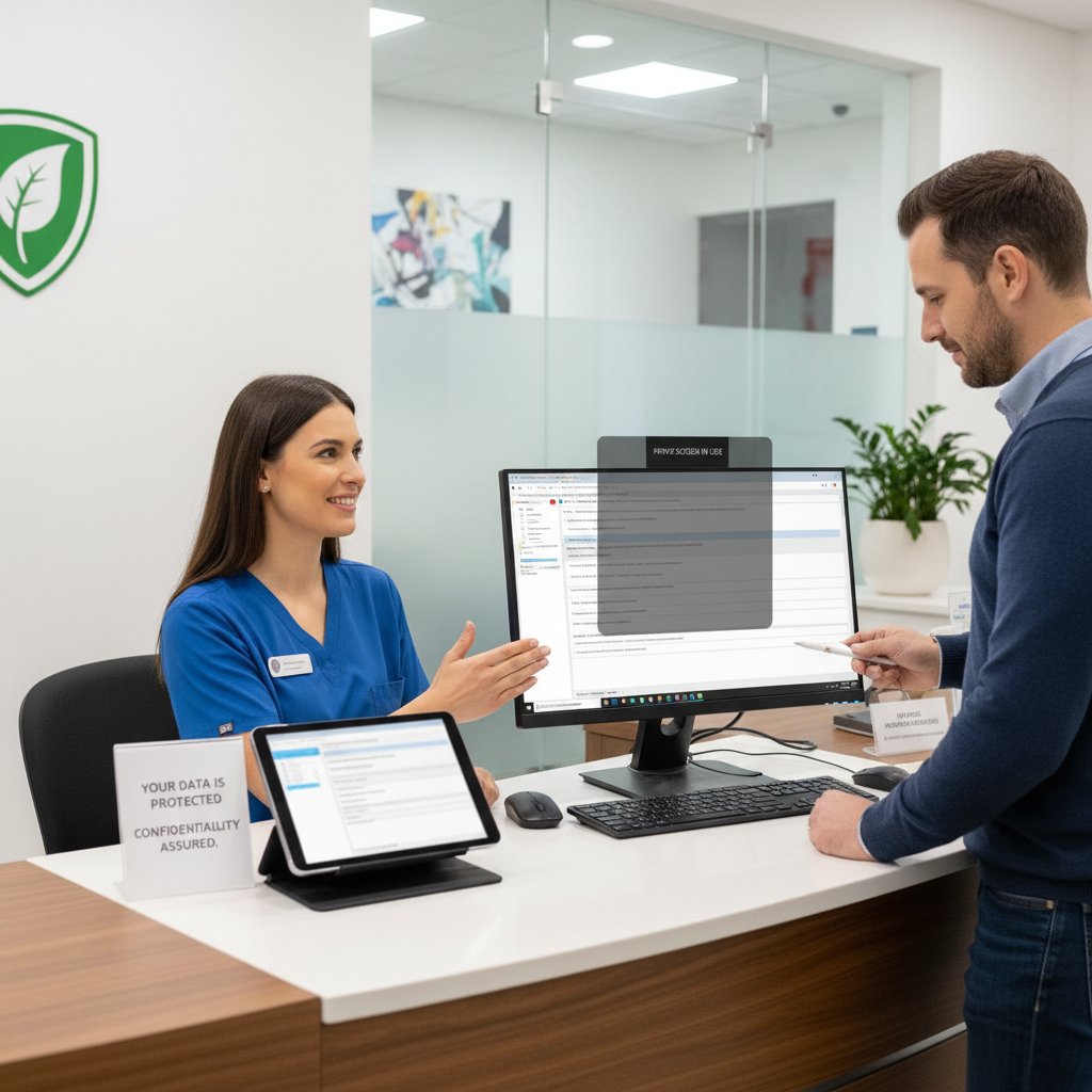 Recepcjonistka w przychodni wypełnia dokumenty, ochrona danych pacjentów