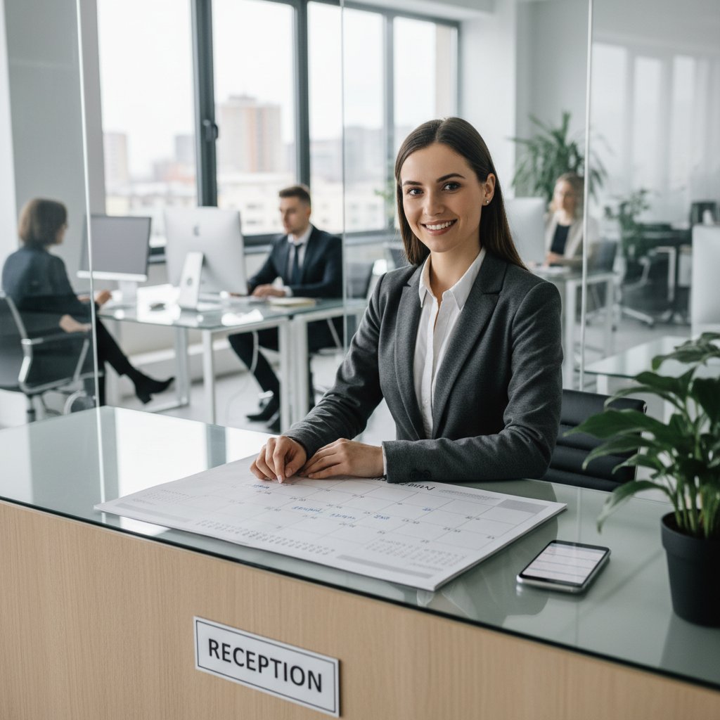 Recepcjonistka pracująca z papierowym notesem i smartfonem w nowoczesnym biurze