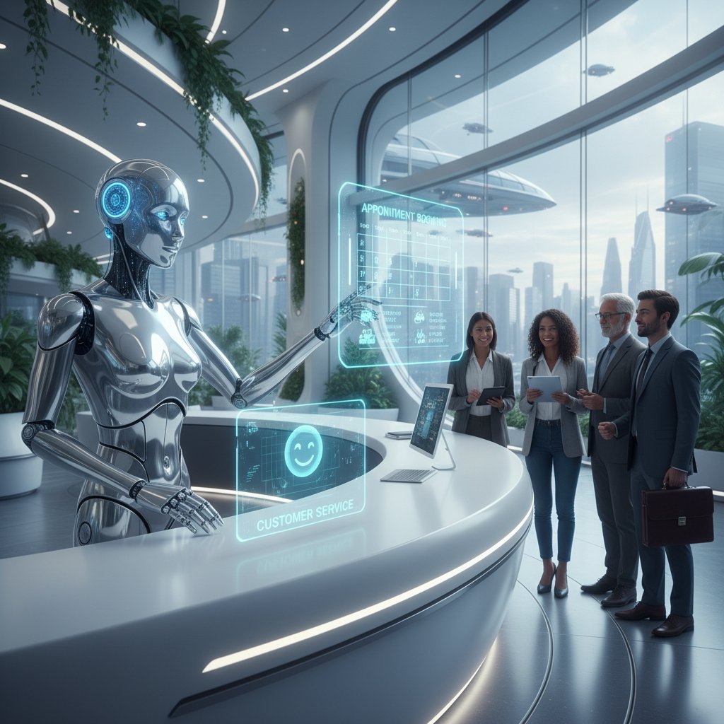 Nowoczesna recepcjonistka rozmawiająca z klientem, a w tle ekran z systemem automatycznej rejestracji