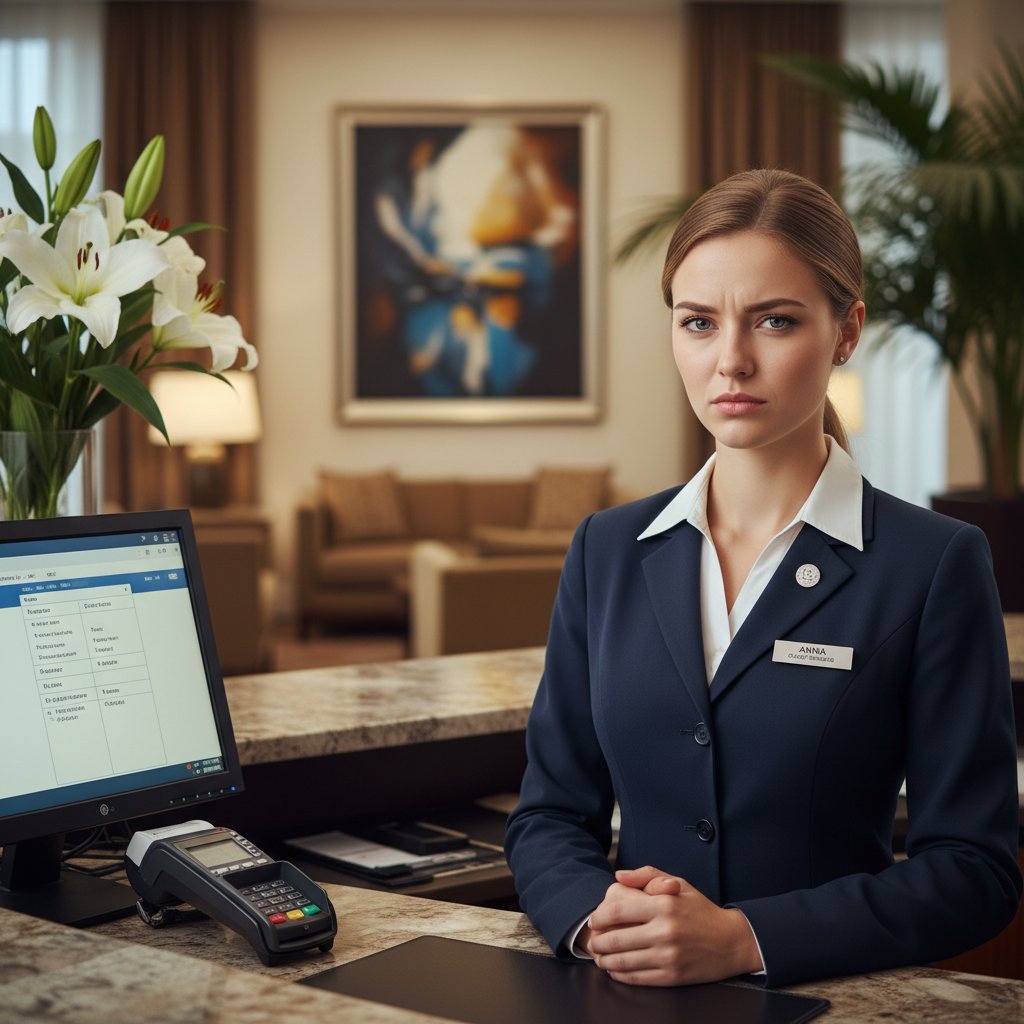 Pracownik recepcji z wymuszonym uśmiechem obsługujący gościa, recepcja hotelowa