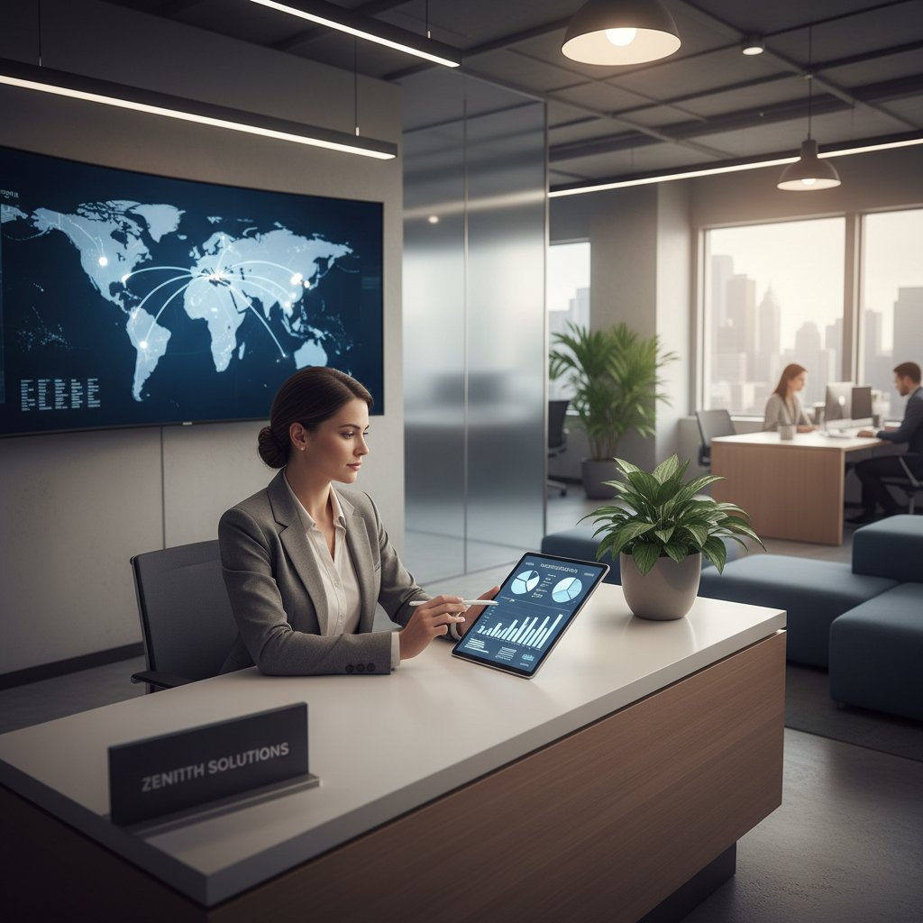 Recepcjonistka i właściciel firmy analizujący dane na temat wizyt na tablecie