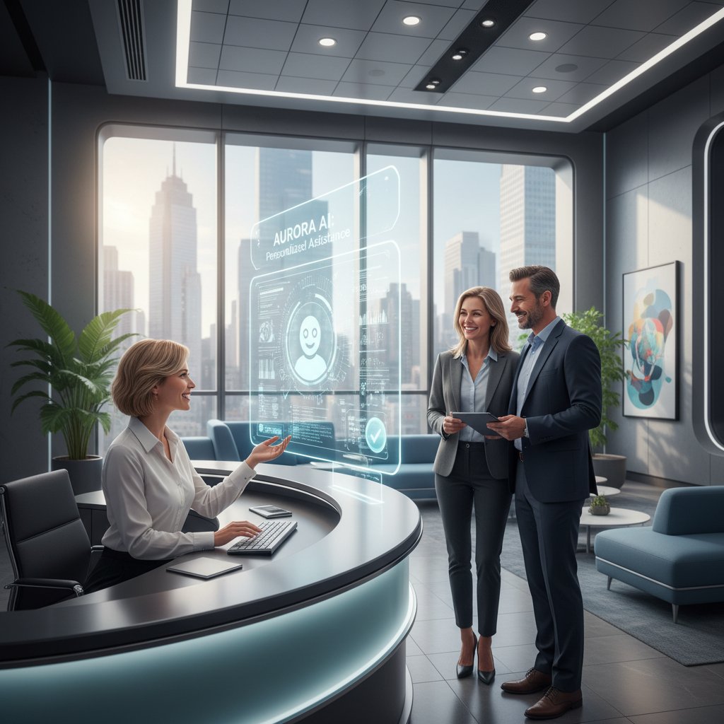 Recepcjonistka korzystająca z systemu AI, uśmiechnięci klienci w tle