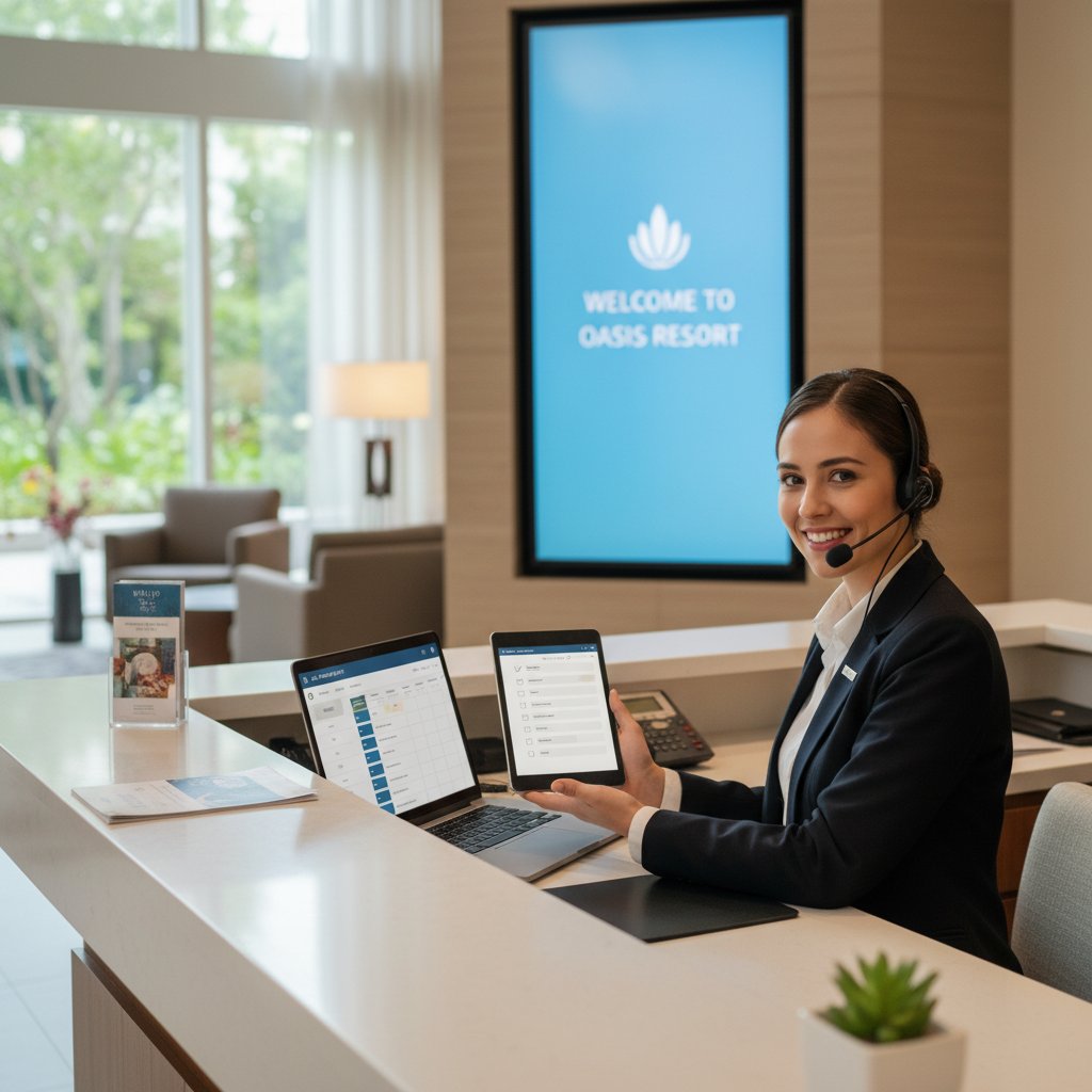 Recepcjonistka korzystająca z checklisty i laptopa do obsługi rezerwacji