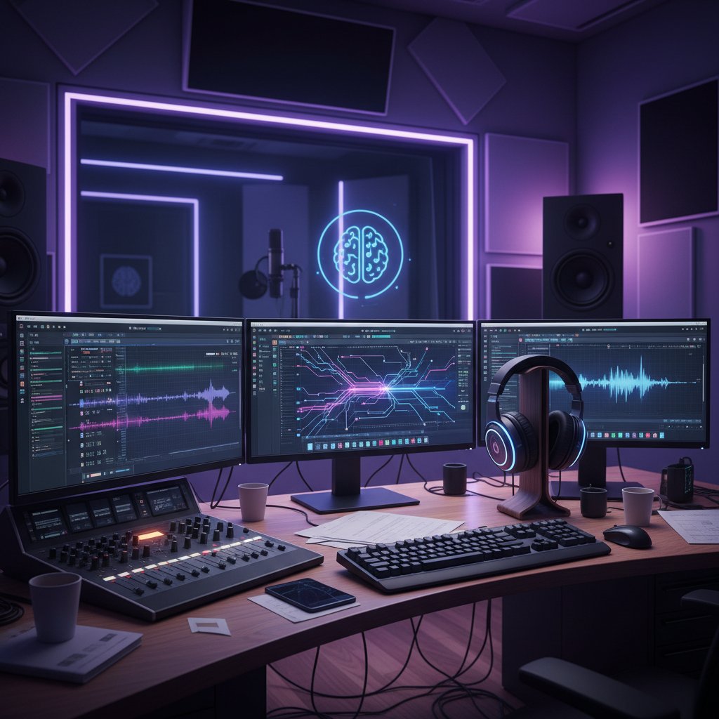 Nowoczesne studio nagrań z komputerem i słuchawkami, symbolizujące integrację AI w edukacji muzycznej