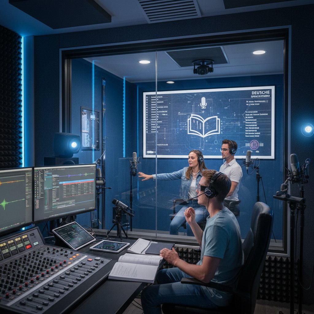 Nowoczesne studio nagraniowe z komputerem, słuchawkami i kamerą do lekcji niemieckiego online, słowa kluczowe: technologia w edukacji, zajęcia niemiecki online