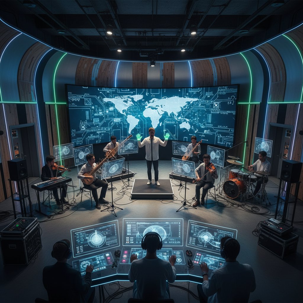 Modern recording studio, diverse musicians collaborating on global fusion soundtrack, high-tech atmosphere