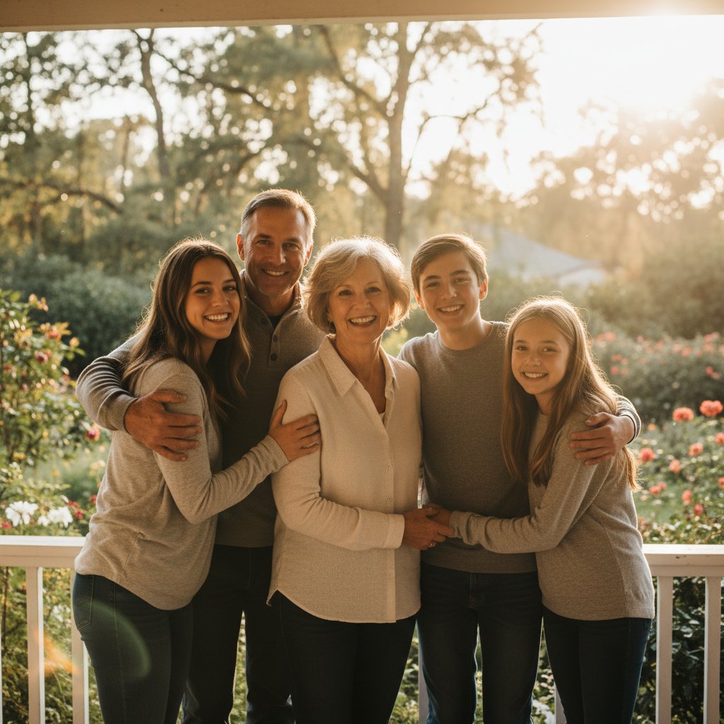 Osoba po wyleczeniu raka kolczystokomórkowego z rodziną, promienny uśmiech