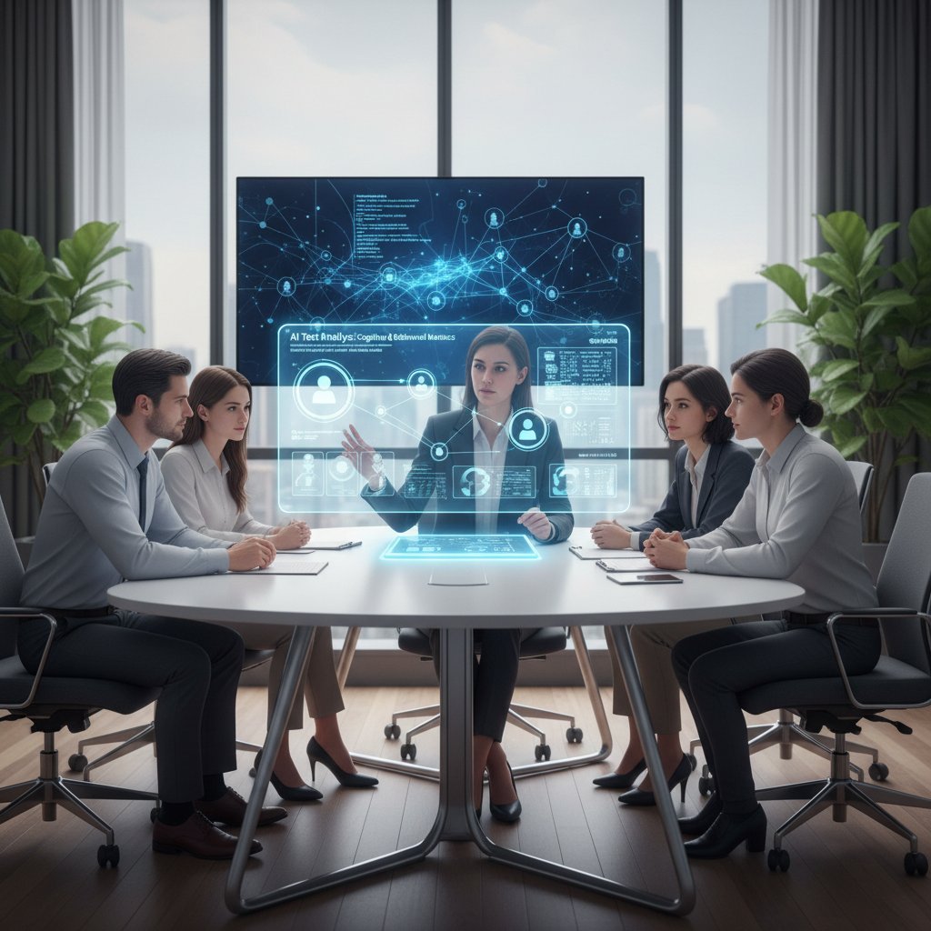 Rekruter analizujący wyniki testu AI na komputerze, kandydaci w tle, biuro korporacyjne