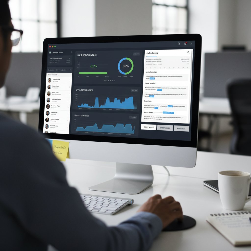 Rekruter korzystający z systemu ATS, ekran komputera z analizą CV